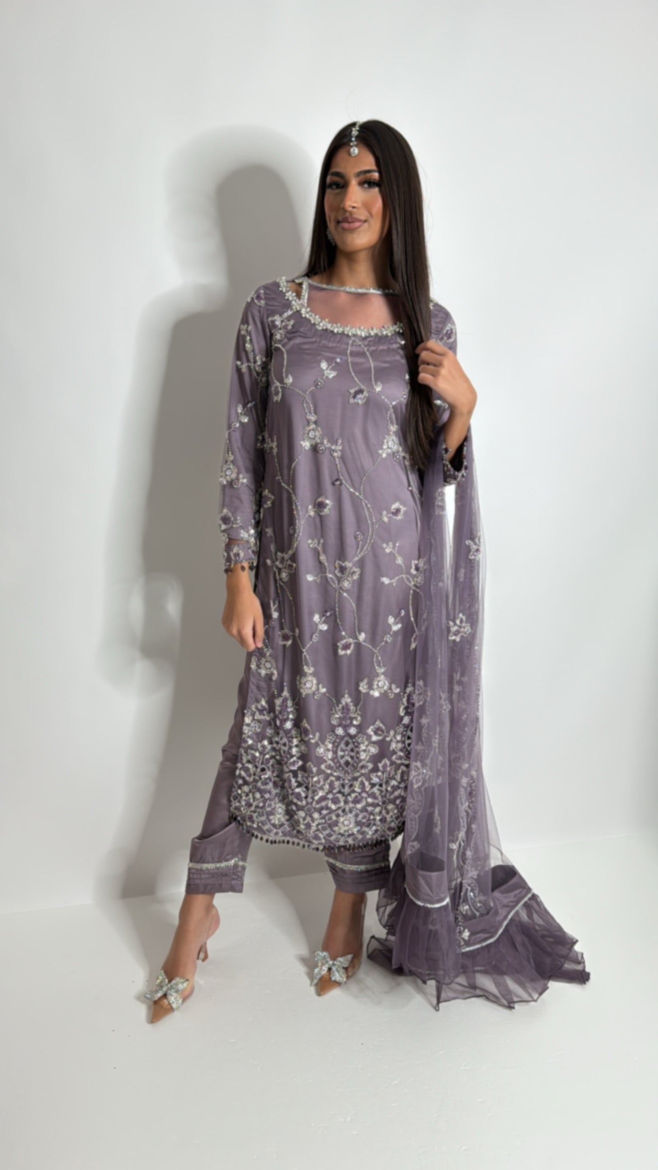 lilac Pakistani three piece outfit