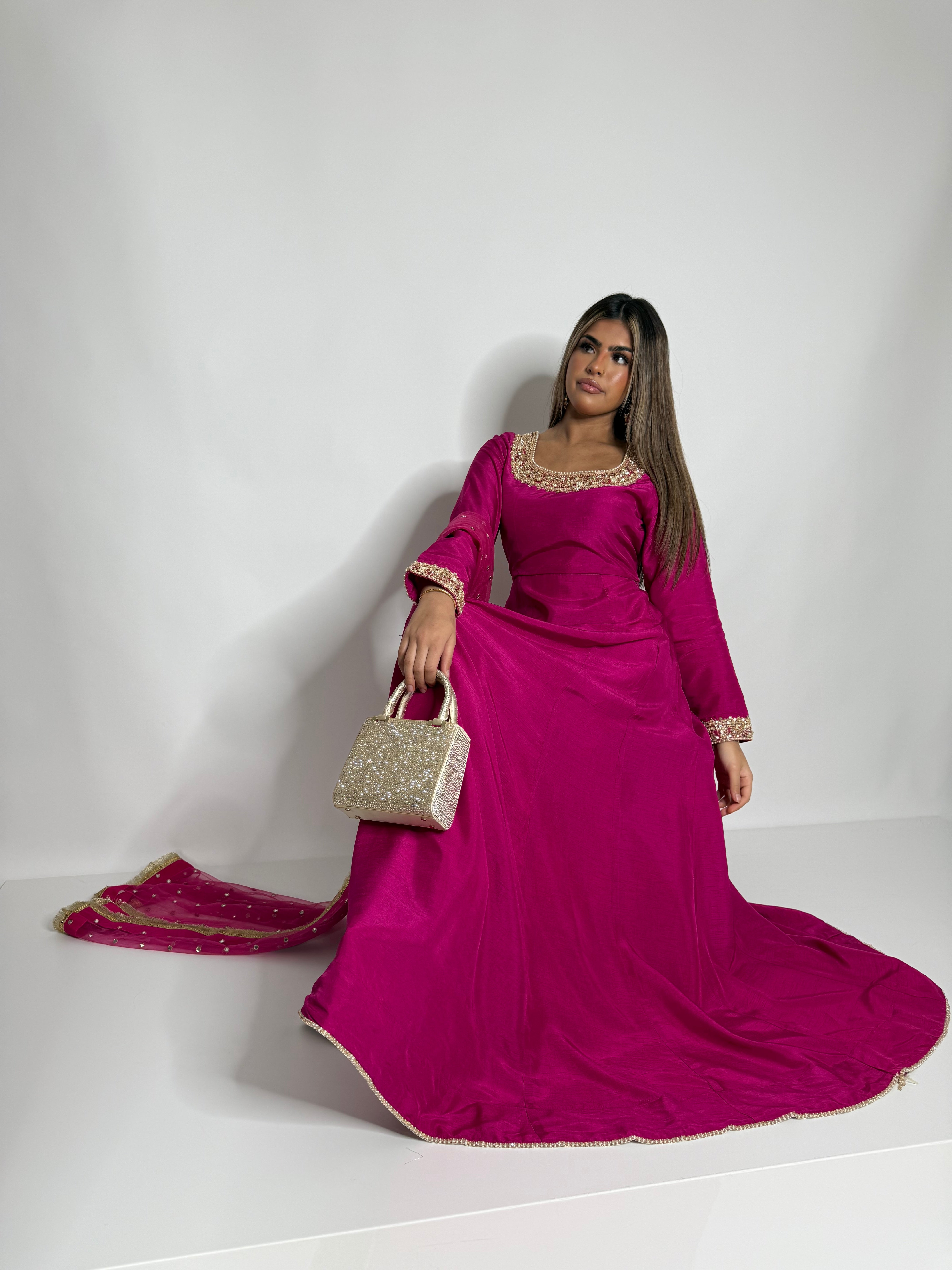 ZOHRA FUCHSIA RAW SILK GOLD EMBROIDERED PAKISTANI EID & MEHNDI DRESS