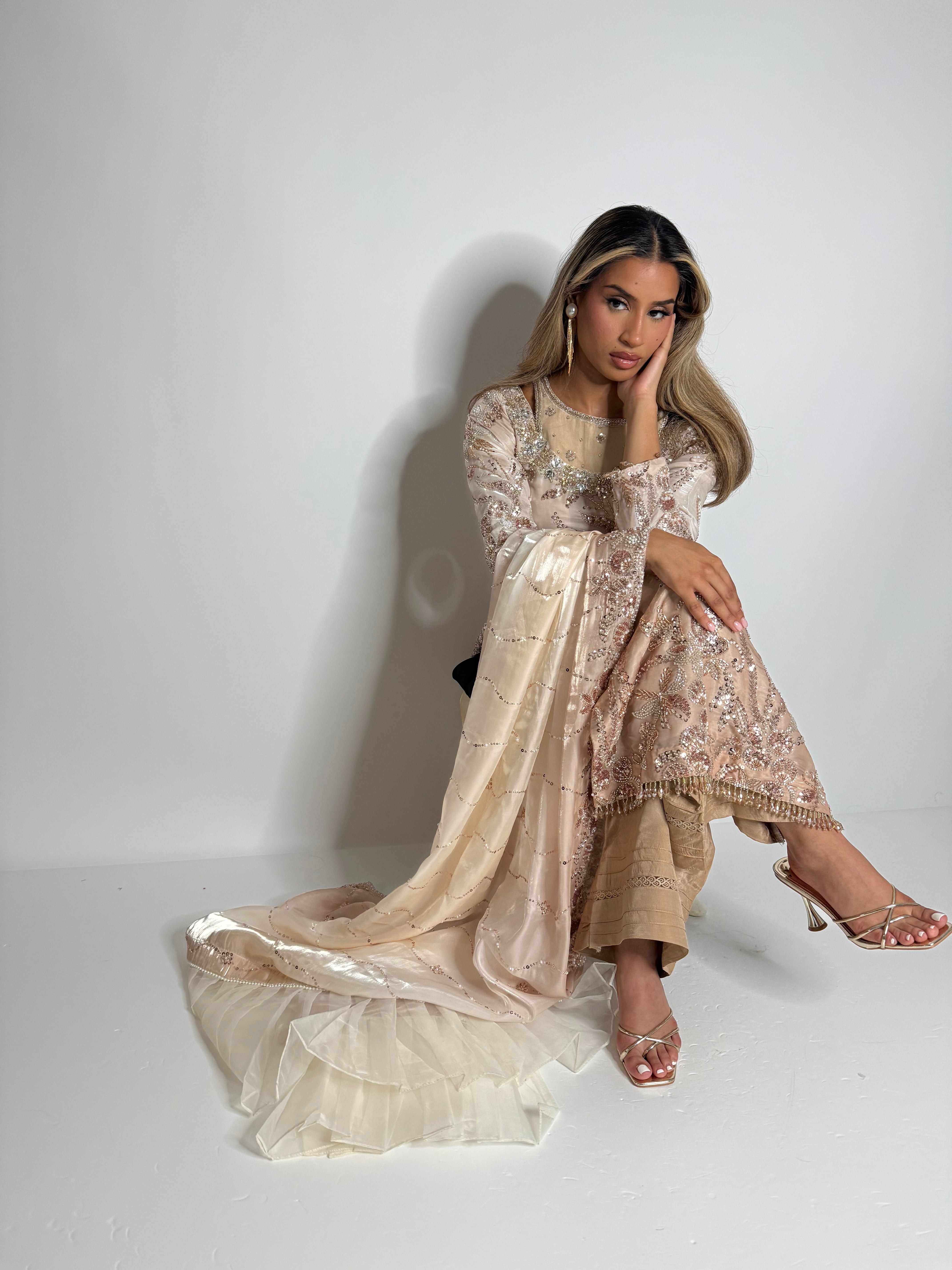 Pakistani cutdana silk outfit with embroidered dupatta