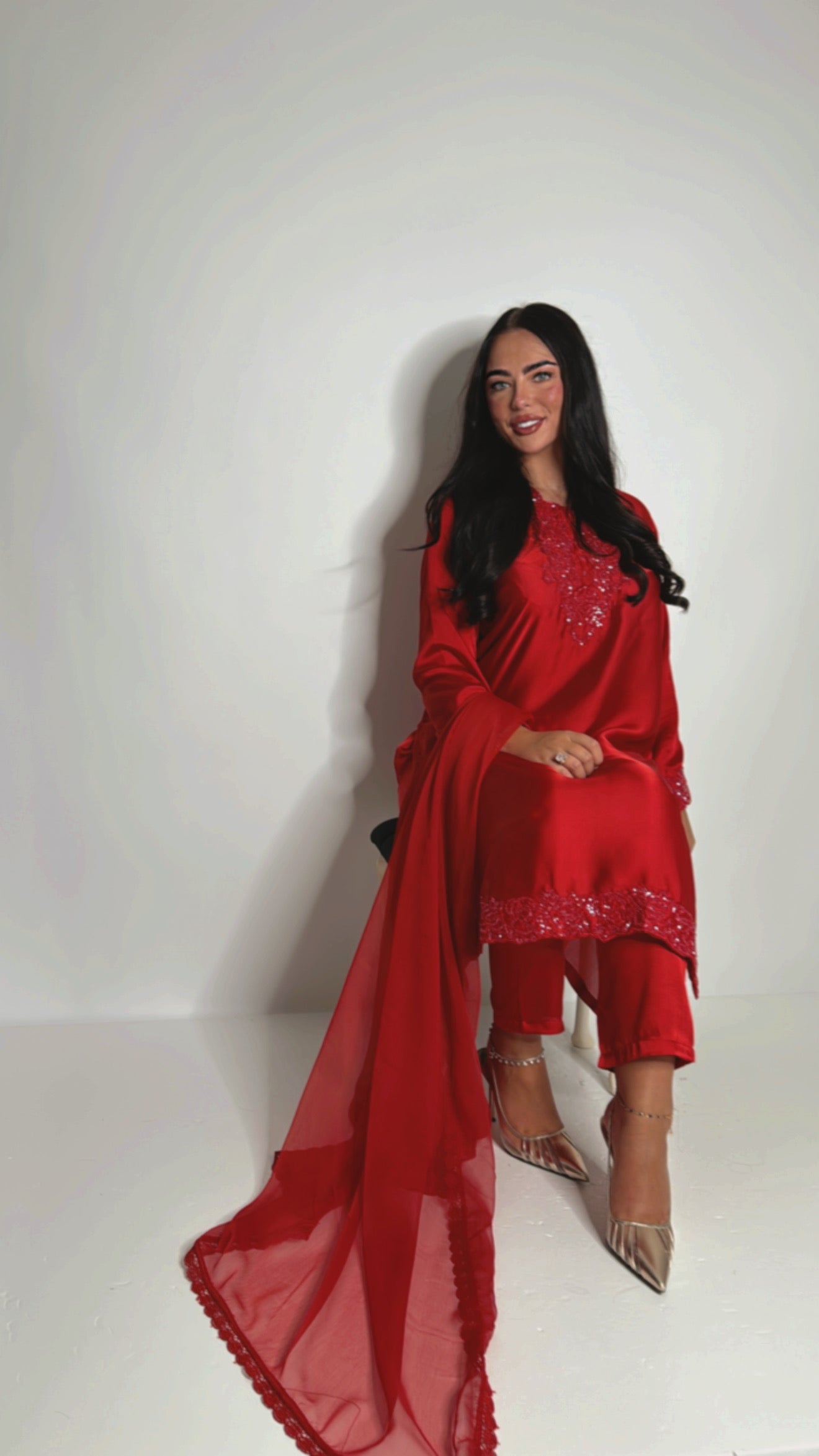 Red three-piece suit with satin trousers and chiffon dupatta — Ameliyana Boutique