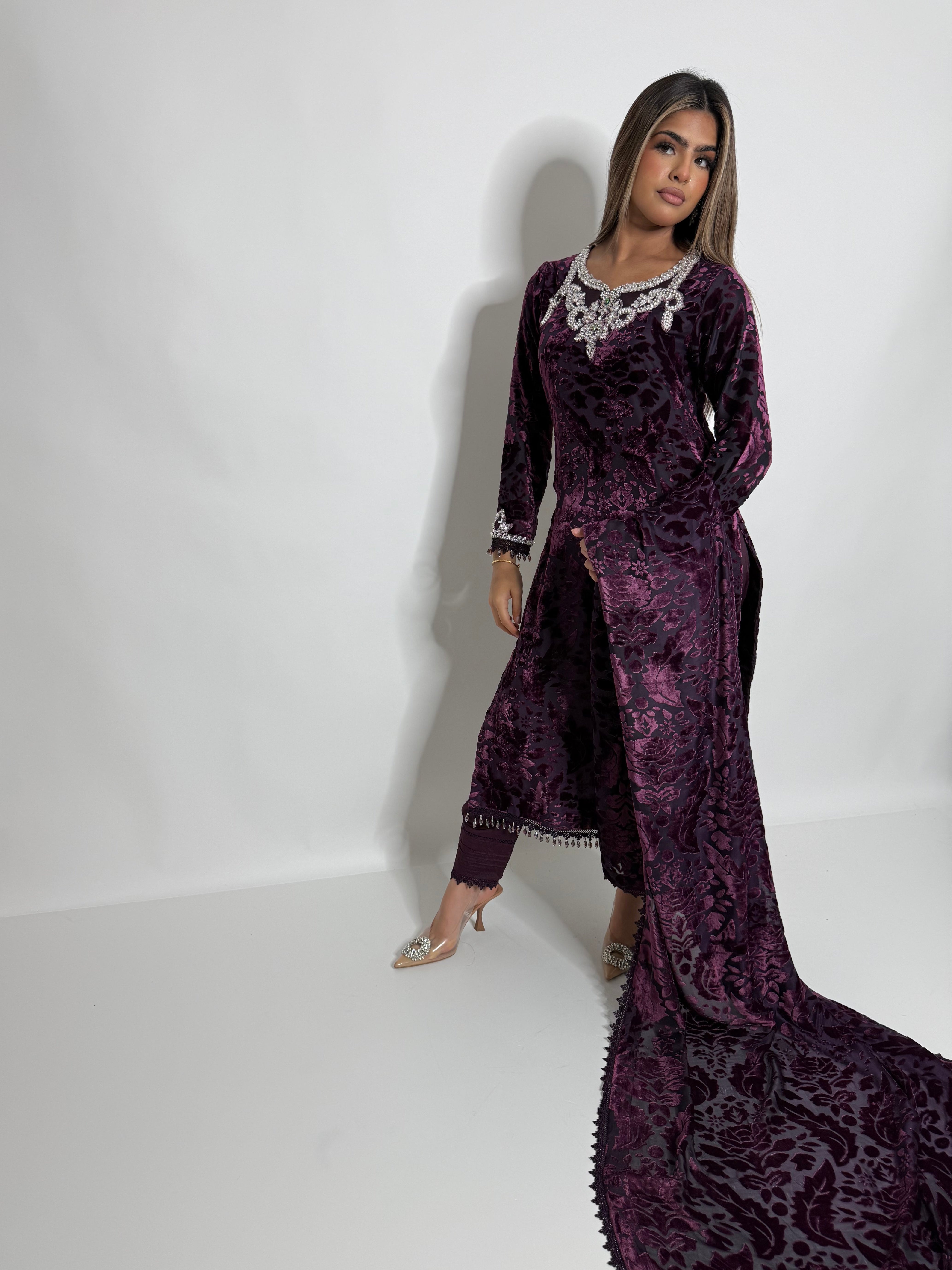 Royal Amethyst Pearl Handwork Palachi Shirt & Lace-Trim Dupatta Set