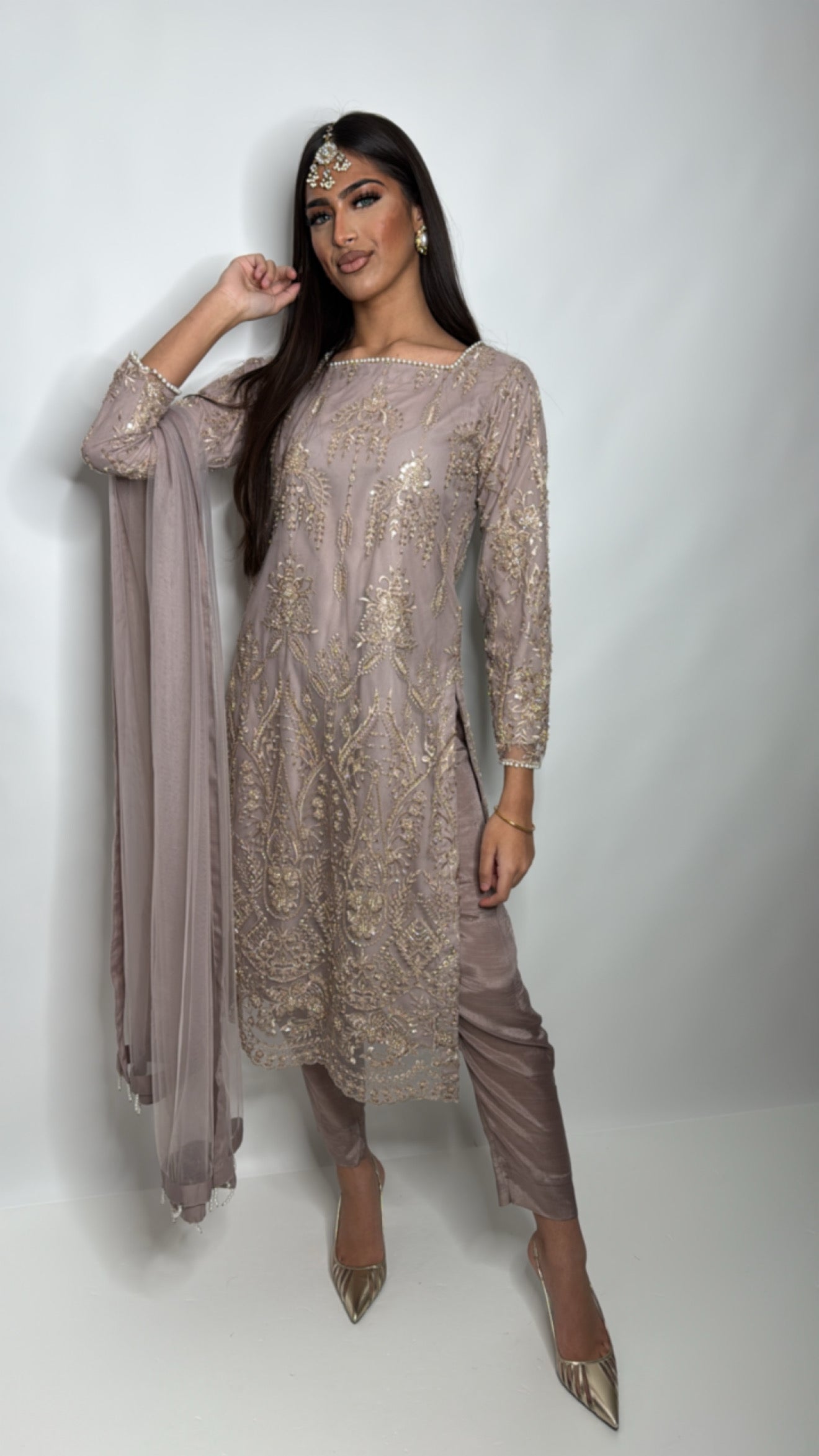 Isola Mocha Cutdana Embroidered Pakistani Suit