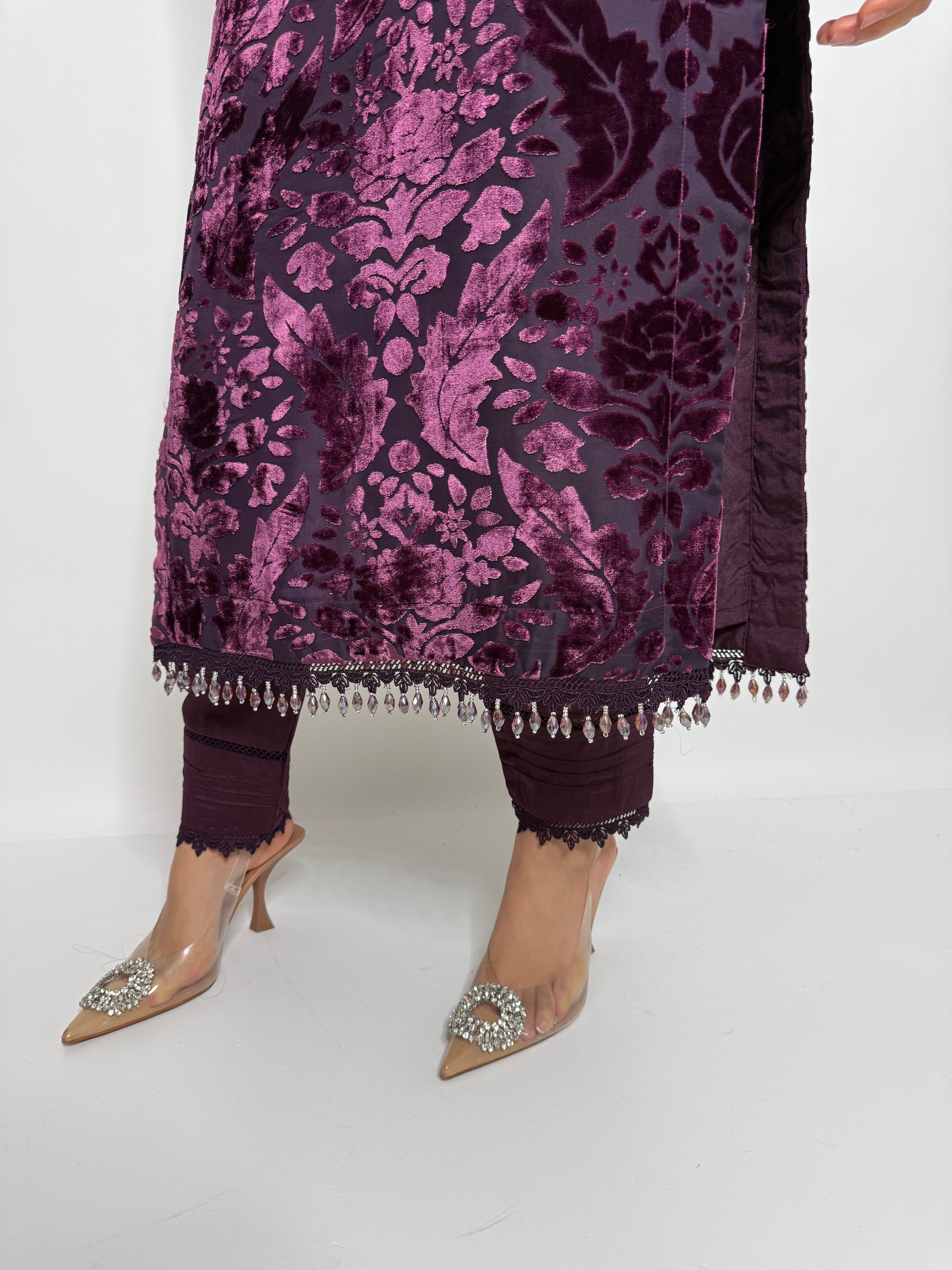 Royal Amethyst Pearl Handwork Palachi Shirt & Lace-Trim Dupatta Set