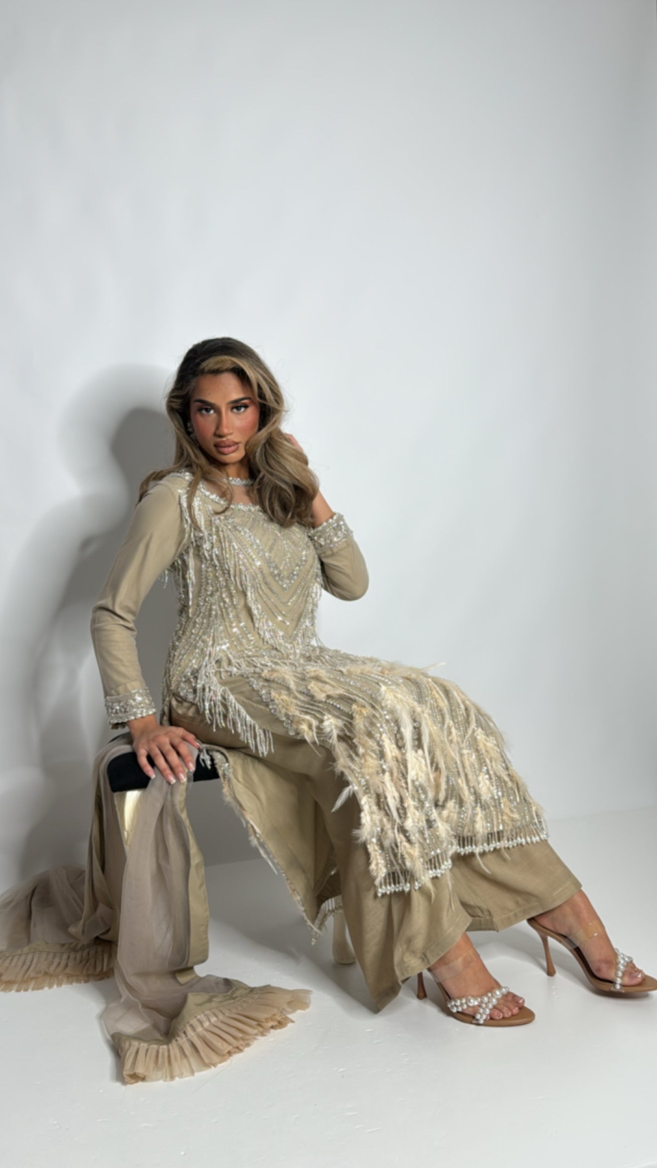 Knightsbridge Taupe Feathered Cutdana Embroidered Pakistani Suit