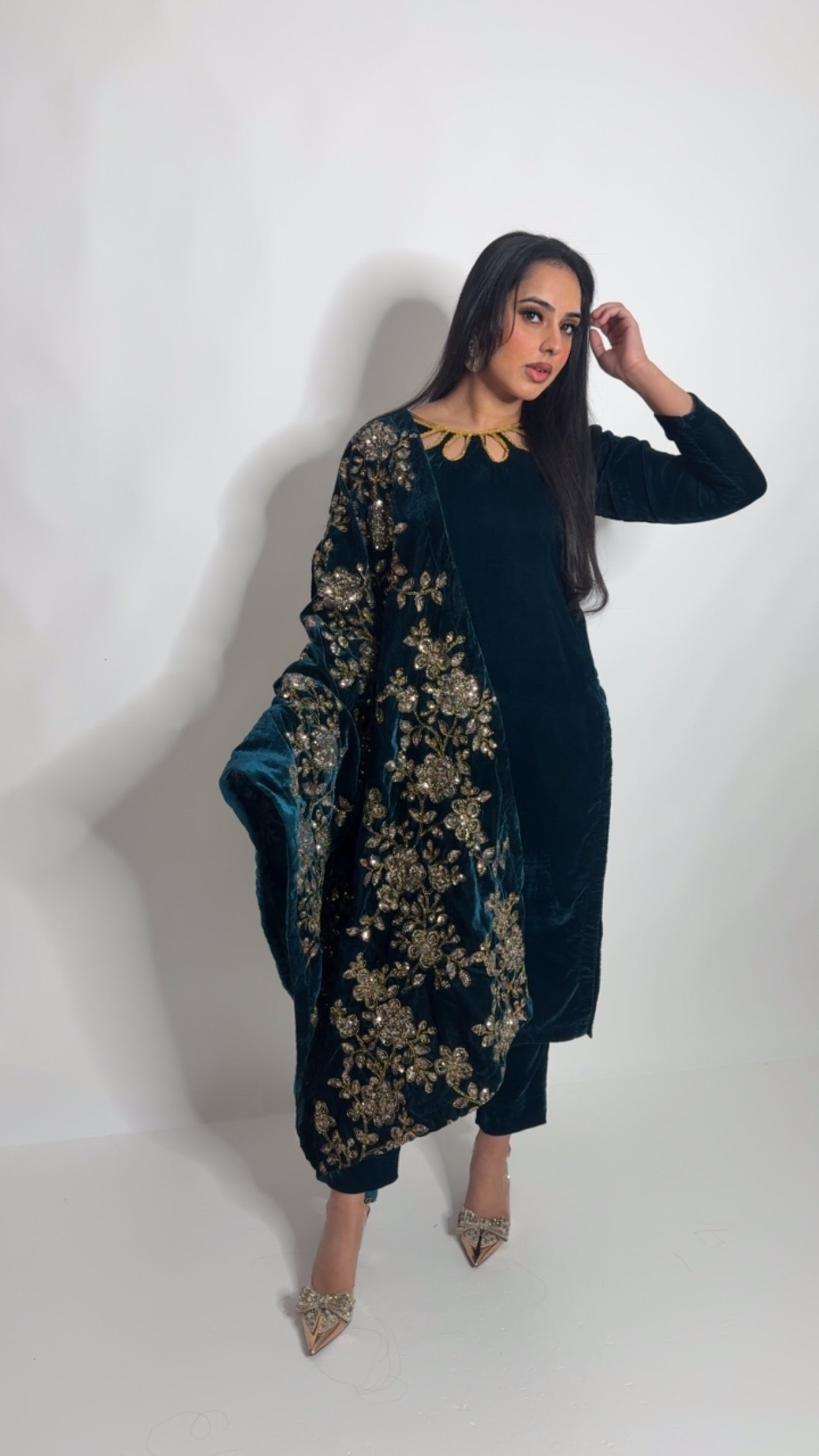 Velvet Sparkle – Teal & Gold Three Piece Pakistani Suit