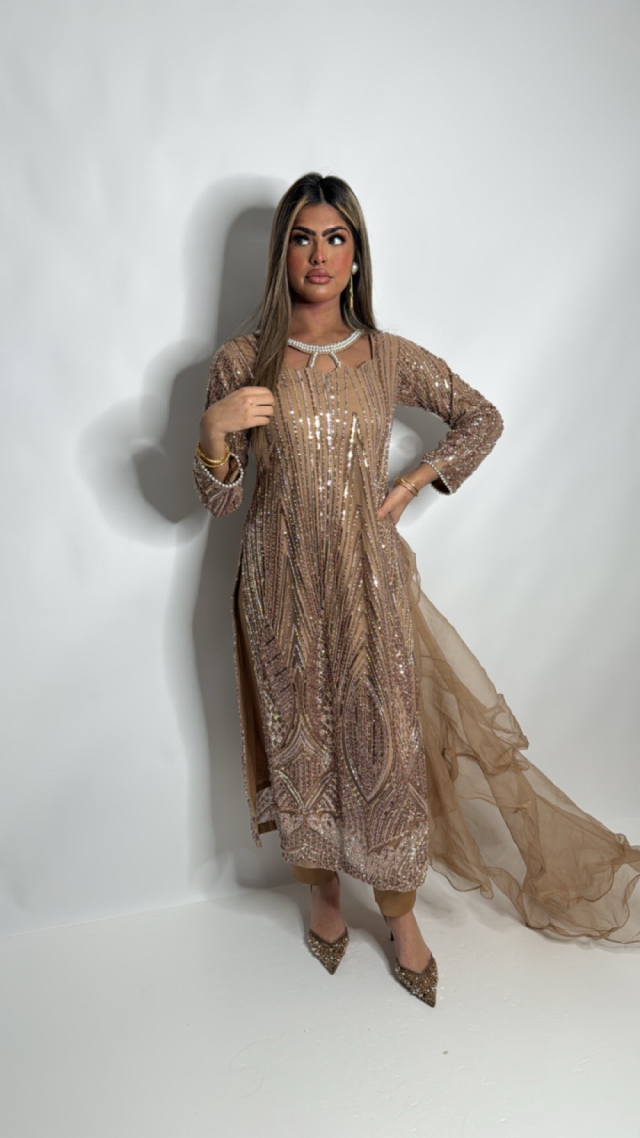Pakistani ready-to-wear formal suit with pearl detailing and cutdana work on shirt
