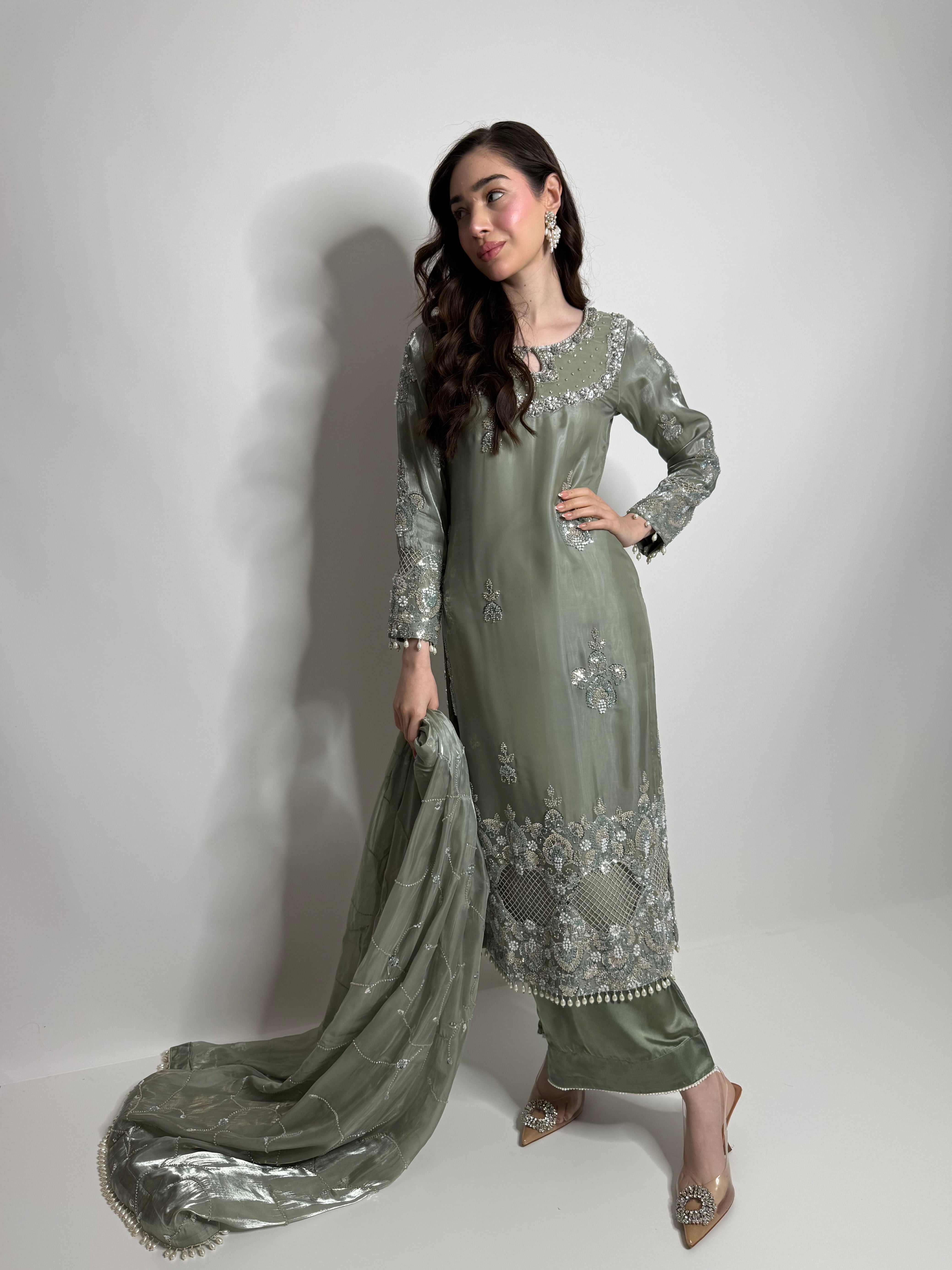 elowen sage cutdana embroidered silk three piece Eid outfit with pearl detailing