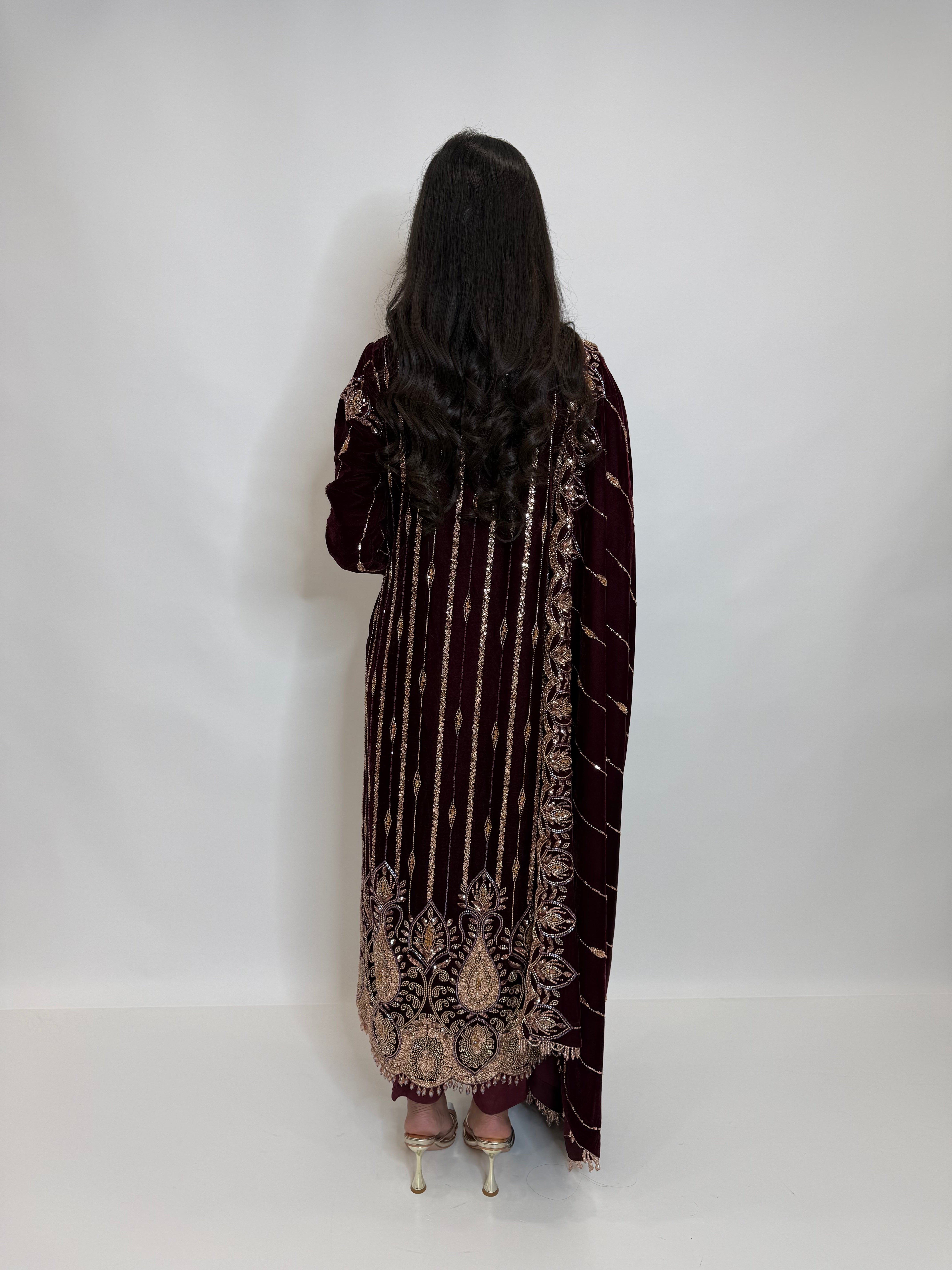 Wine velvet Eid outfit UK with hand embroidery