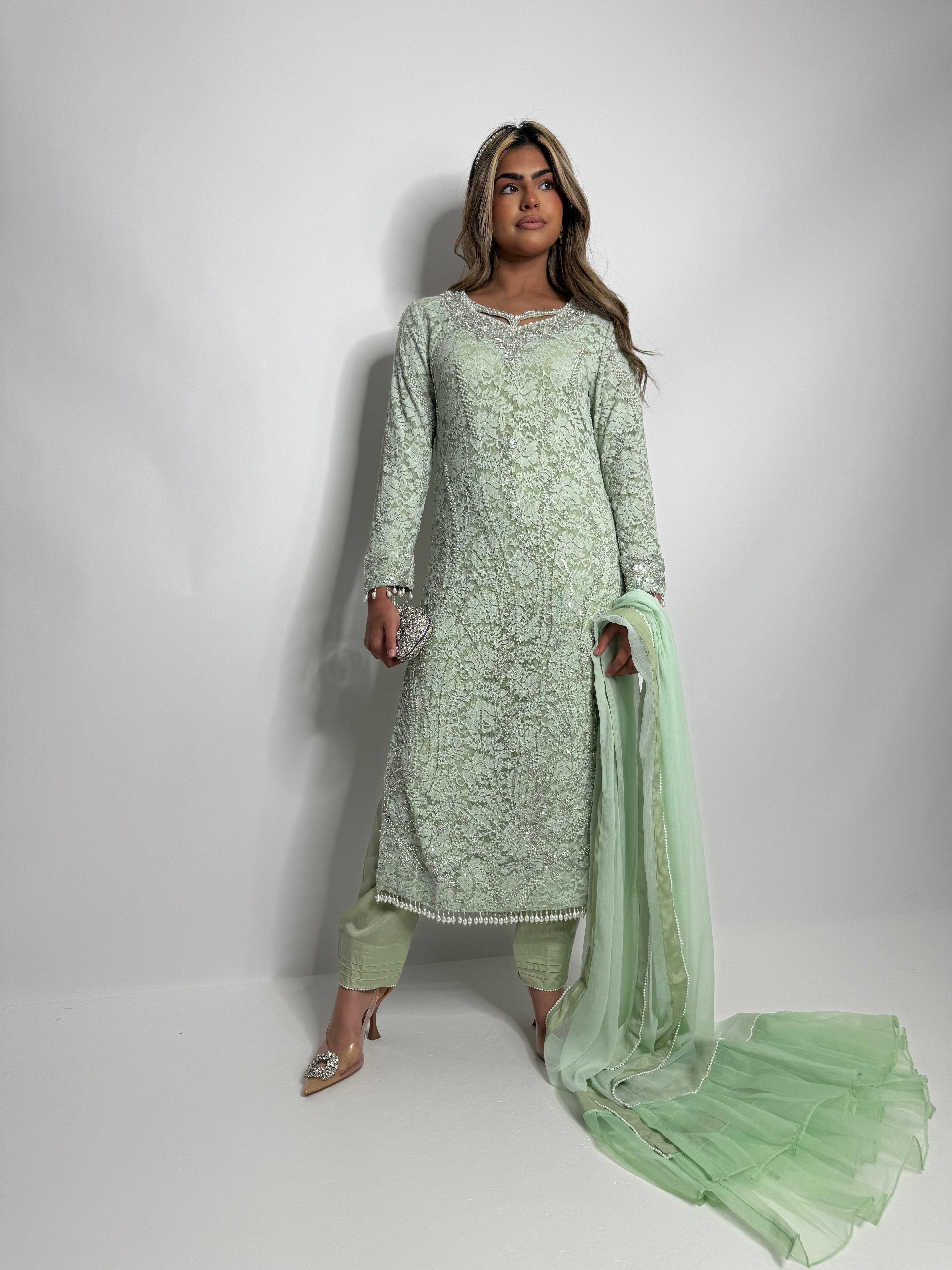 Lyara Mint Crochet-Net Embroidered Pakistani Suit