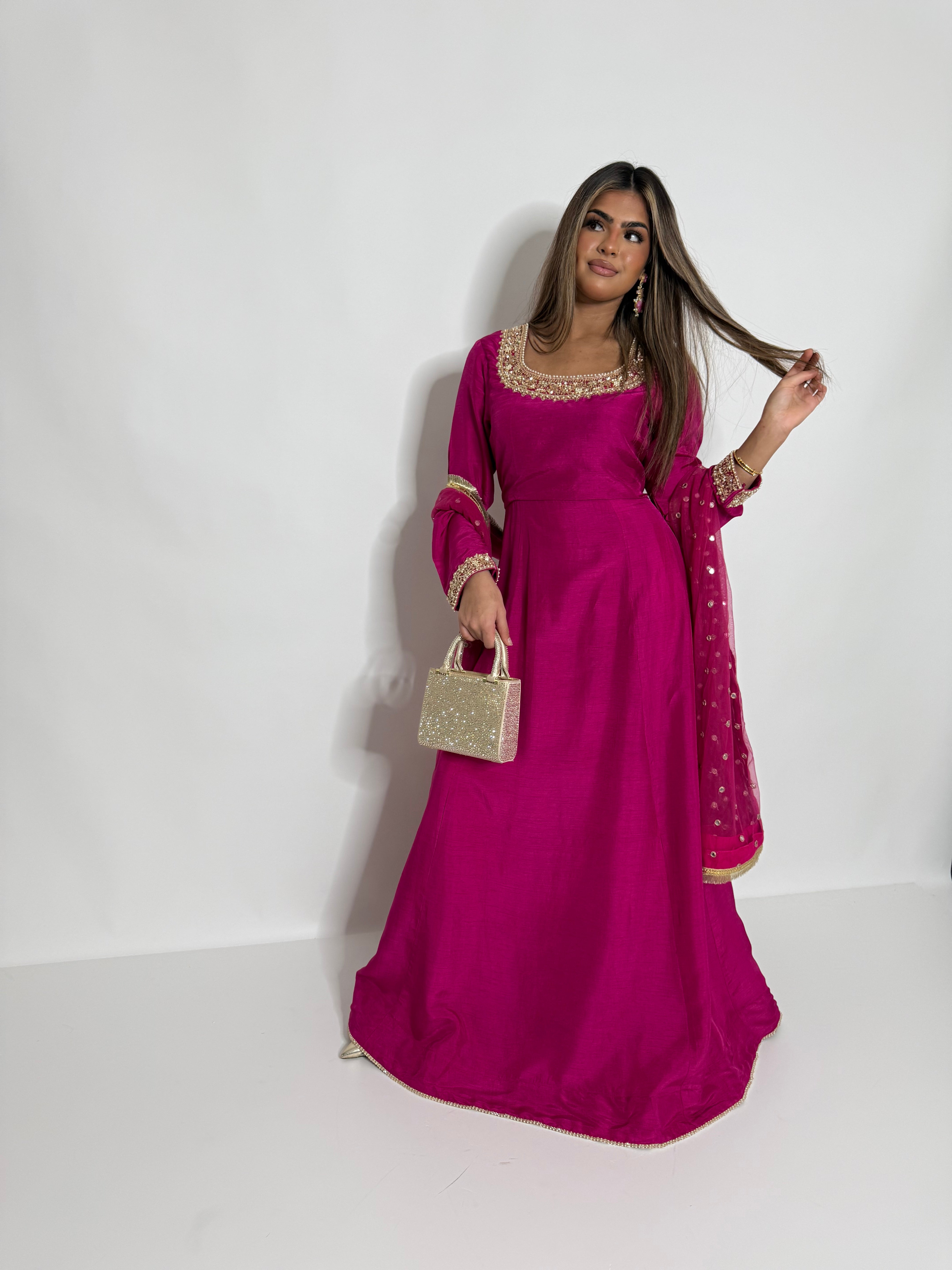 ZOHRA FUCHSIA RAW SILK GOLD EMBROIDERED PAKISTANI EID & MEHNDI DRESS