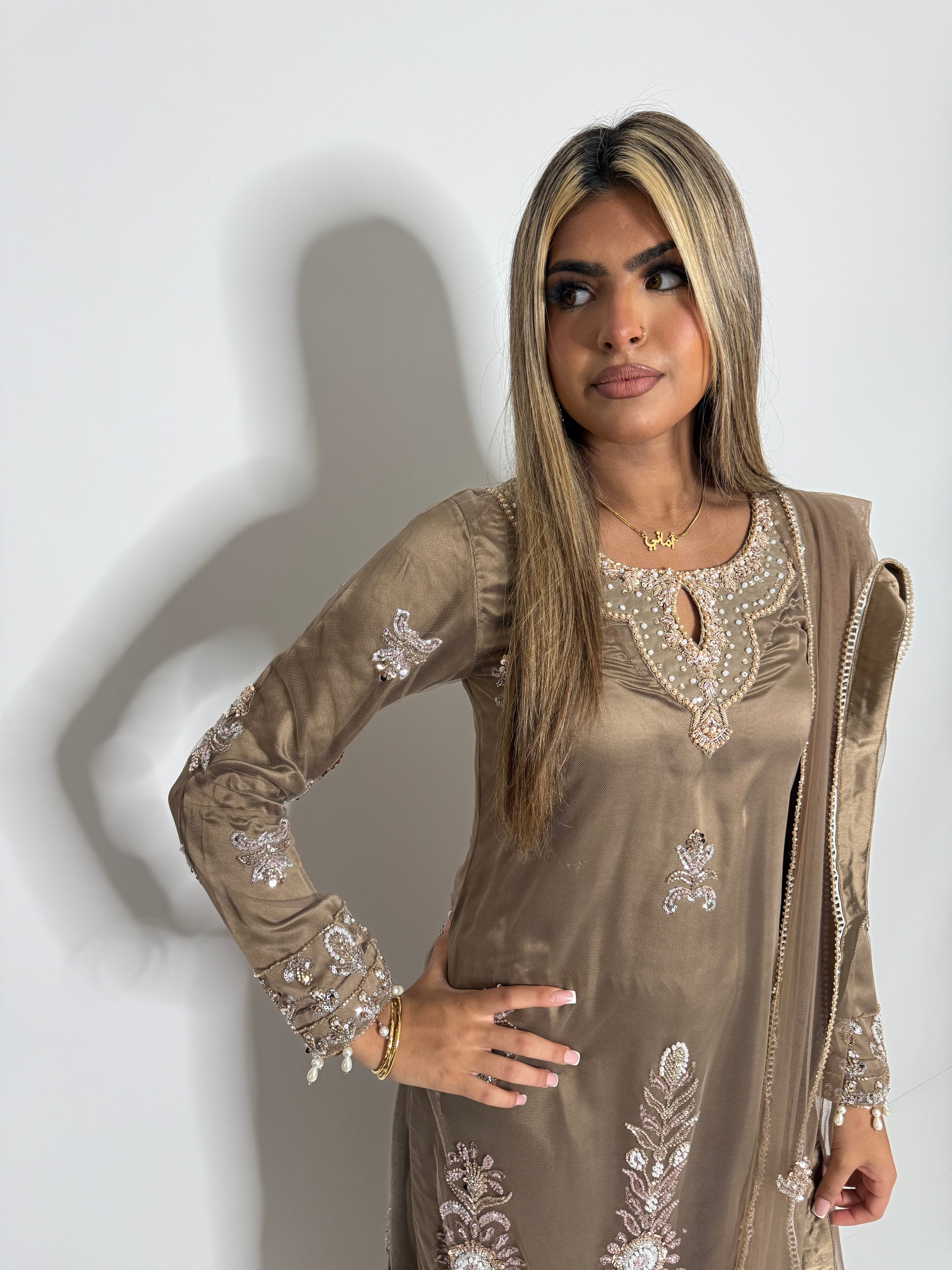 Zehra – Taupe Embroidered Formal Suit | Pakistani Wedding & Eid Outfit
