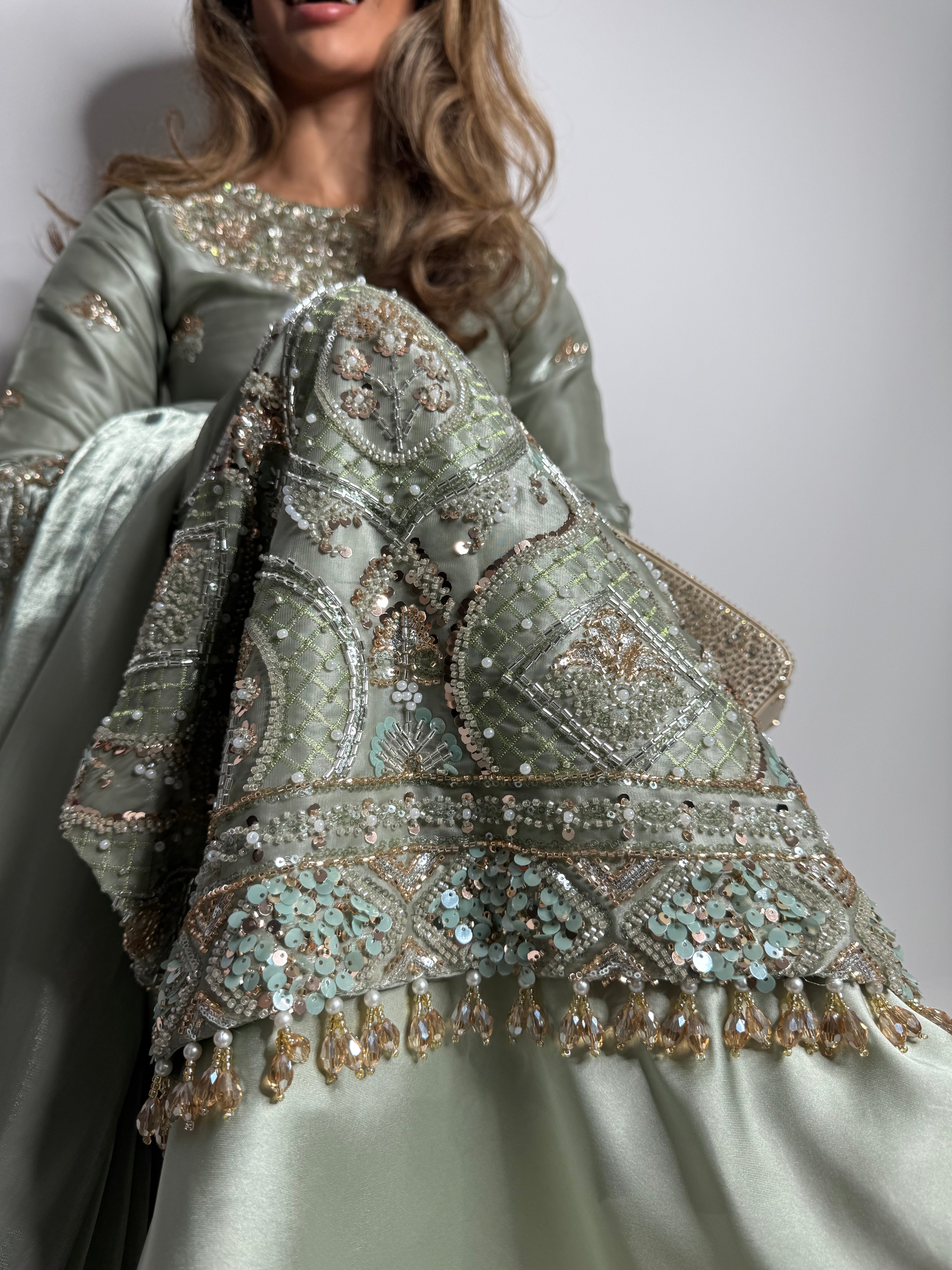 Sage Pakistani suit with embroidered silk dupatta