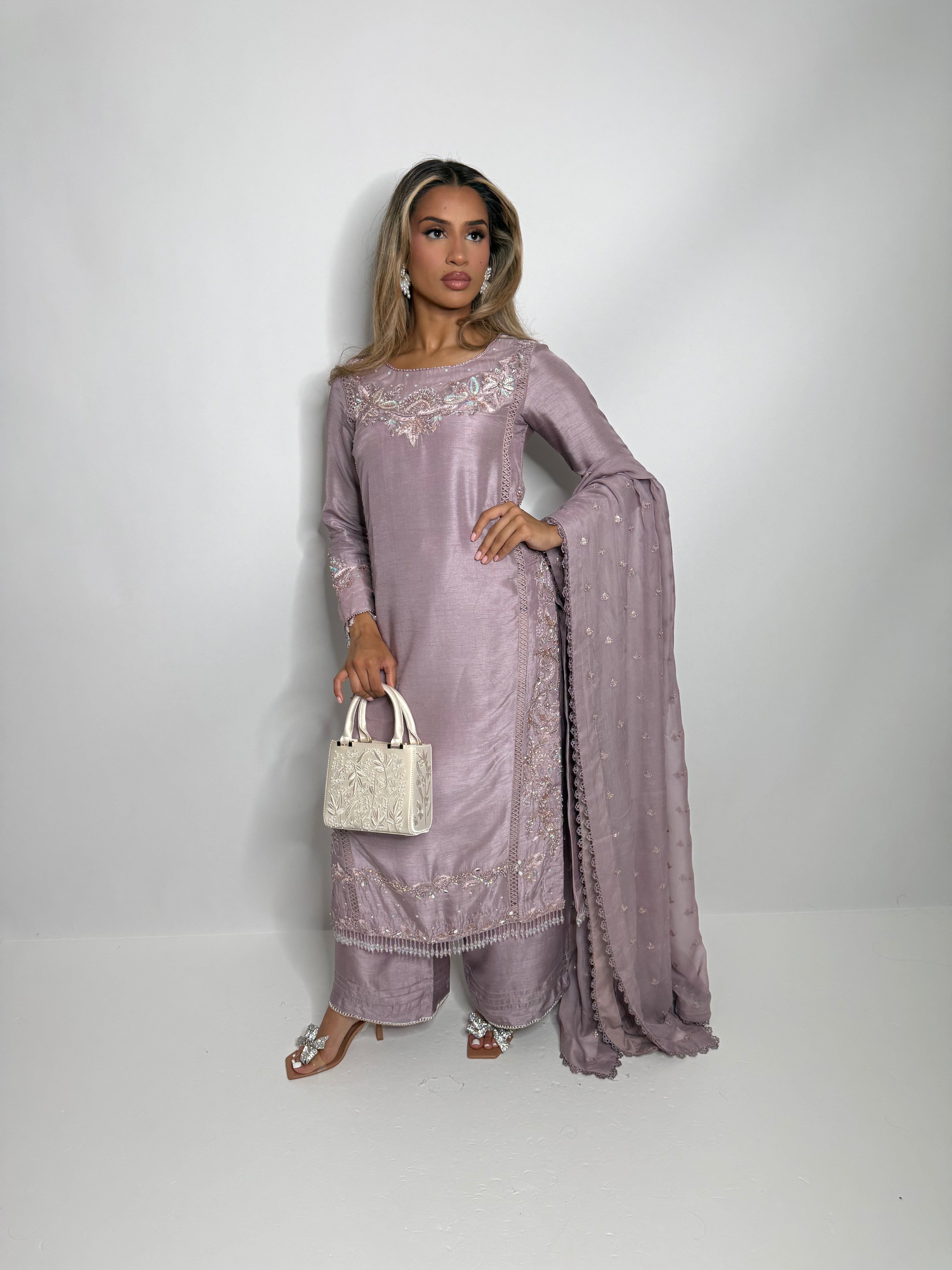 Mauve raw silk Pakistani outfit with pearl detailing