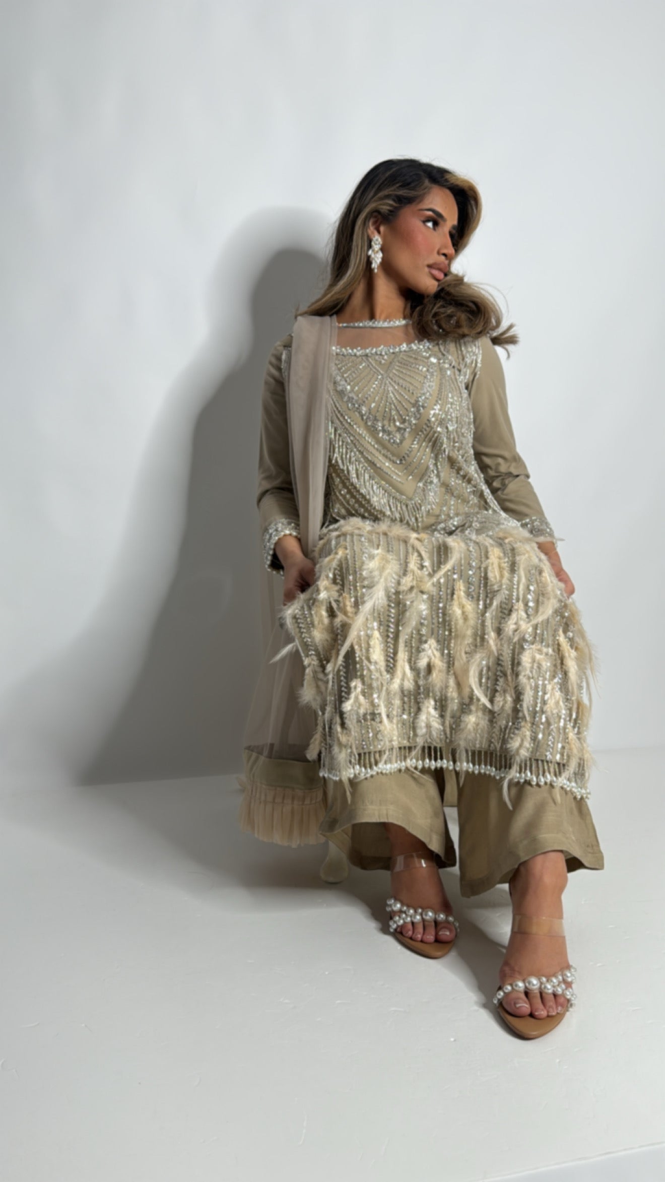 Knightsbridge Taupe Feathered Cutdana Embroidered Pakistani Suit