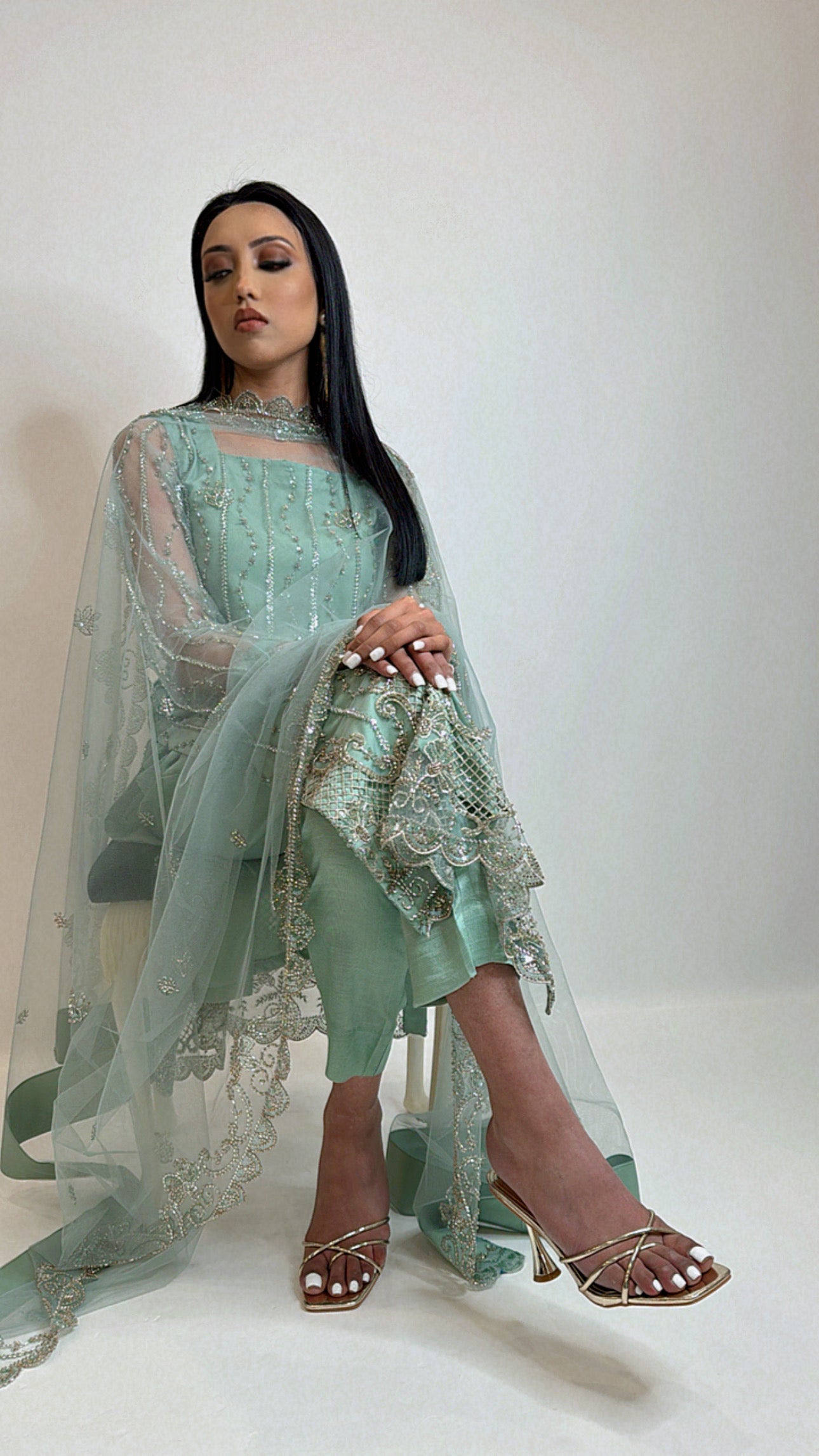 Layla – Sea Green Embroidered Net Three Piece Suit