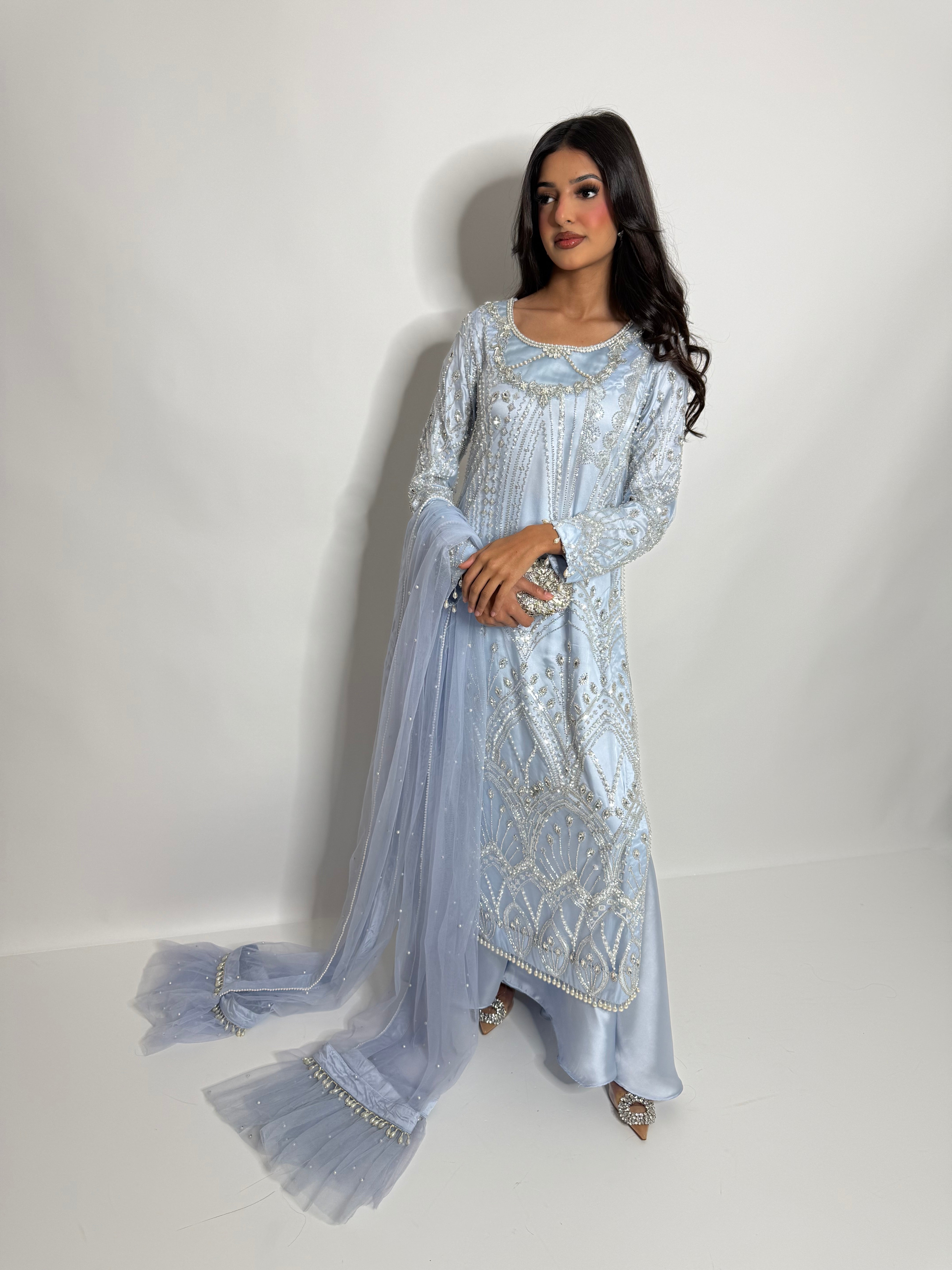 Powder Blue Cutdana Embroidered Sharara Suit UK | The Élodie