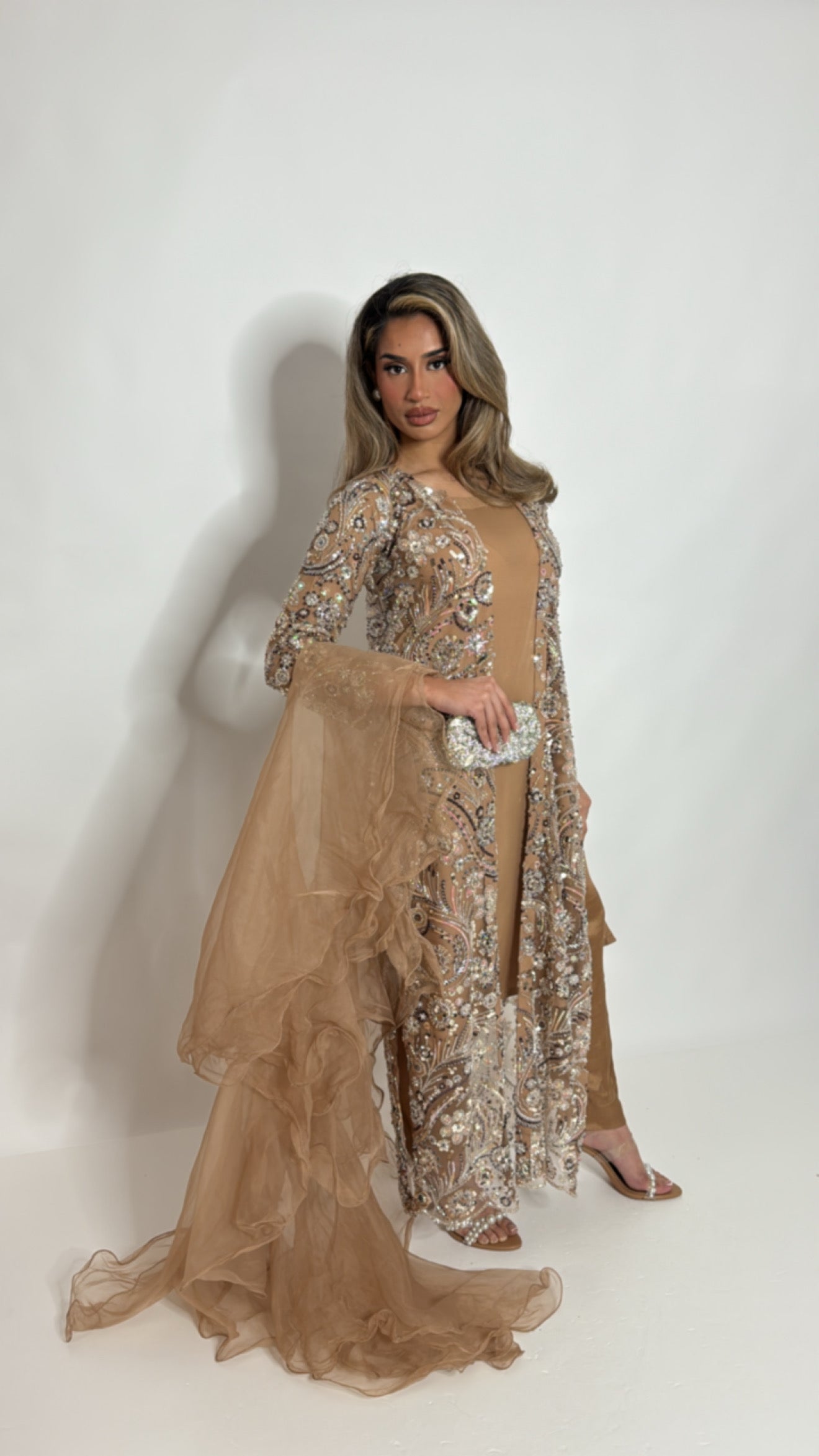 Leocina Mocha Cutdana Embroidered Pakistani Suit