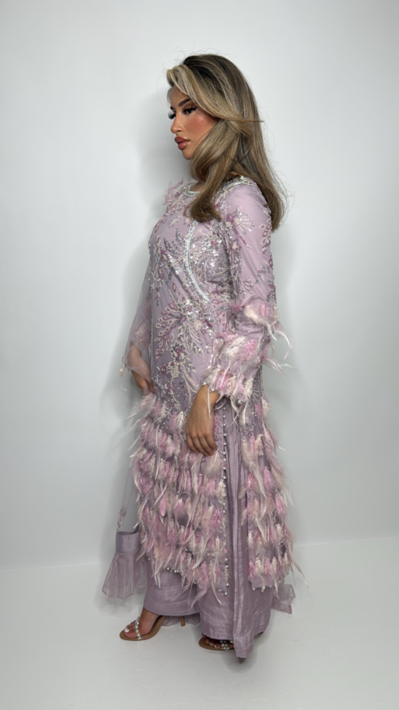 Lilac wedding guest outfit with feathered cutdana shirt and trousers