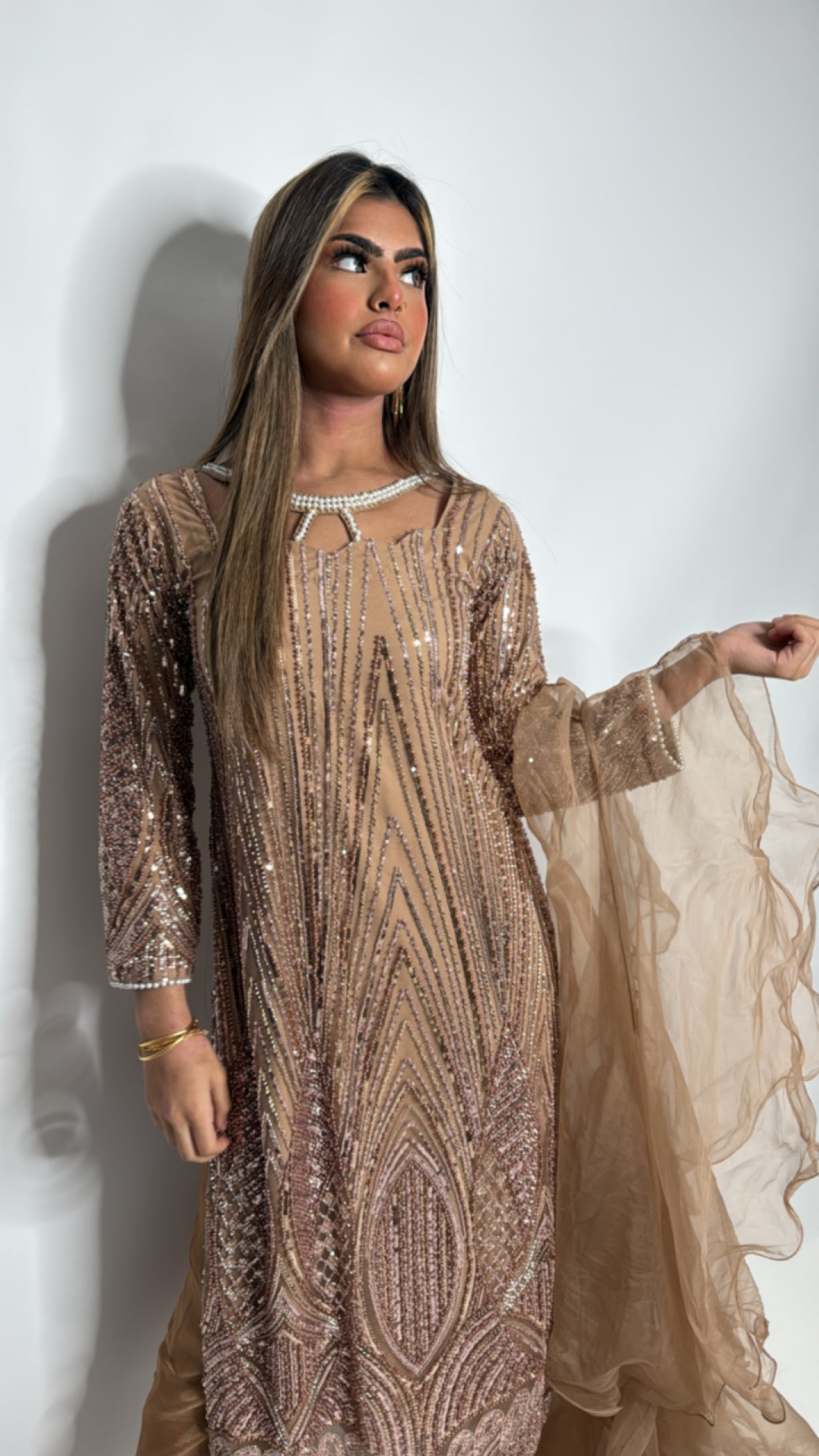 Modest Pakistani formal outfit with frill dupatta and complementary trousers