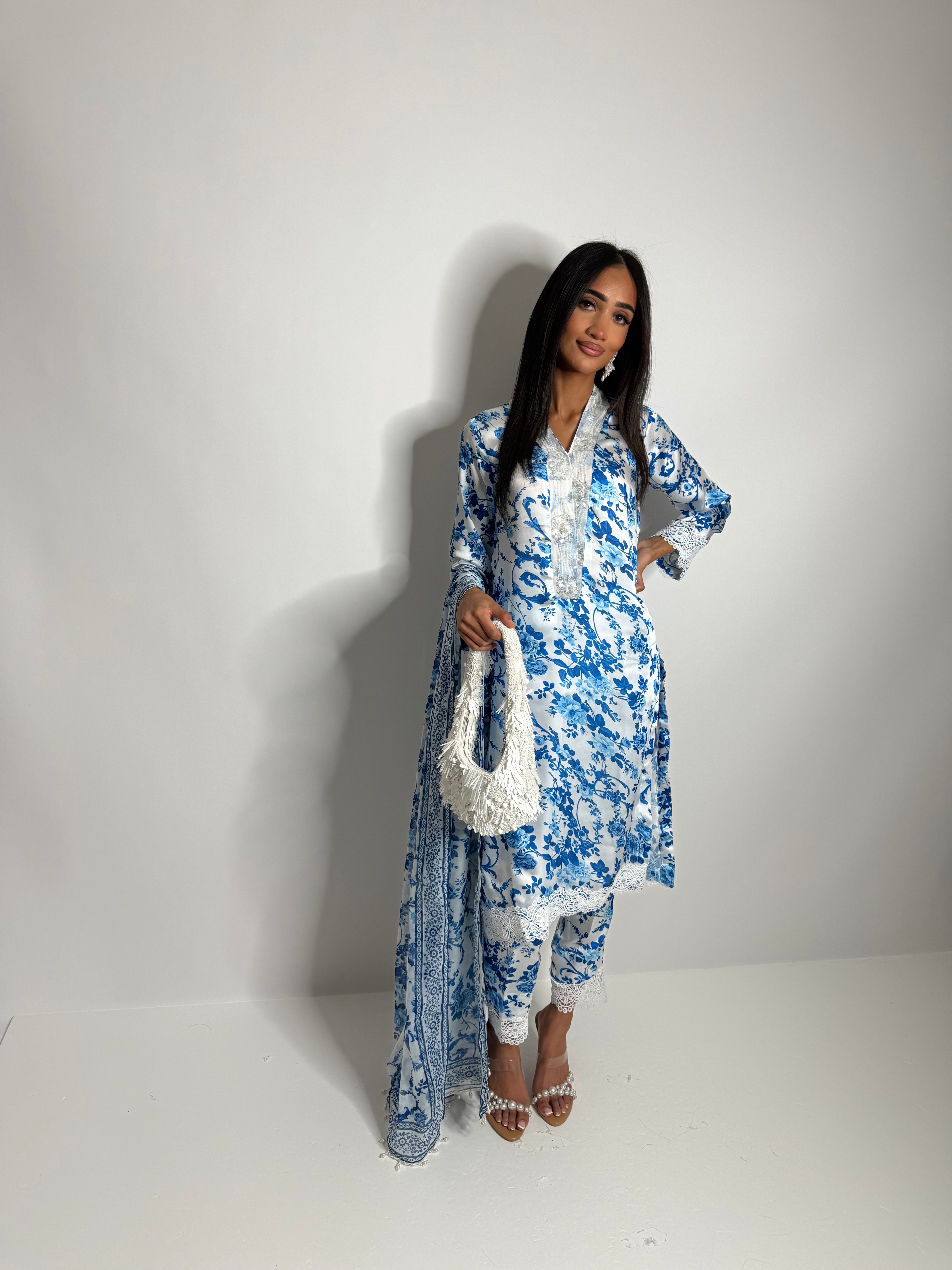 Blue floral silk shirt and trouser set with chiffon dupatta – Elysian Blue Eid & wedding wear UK