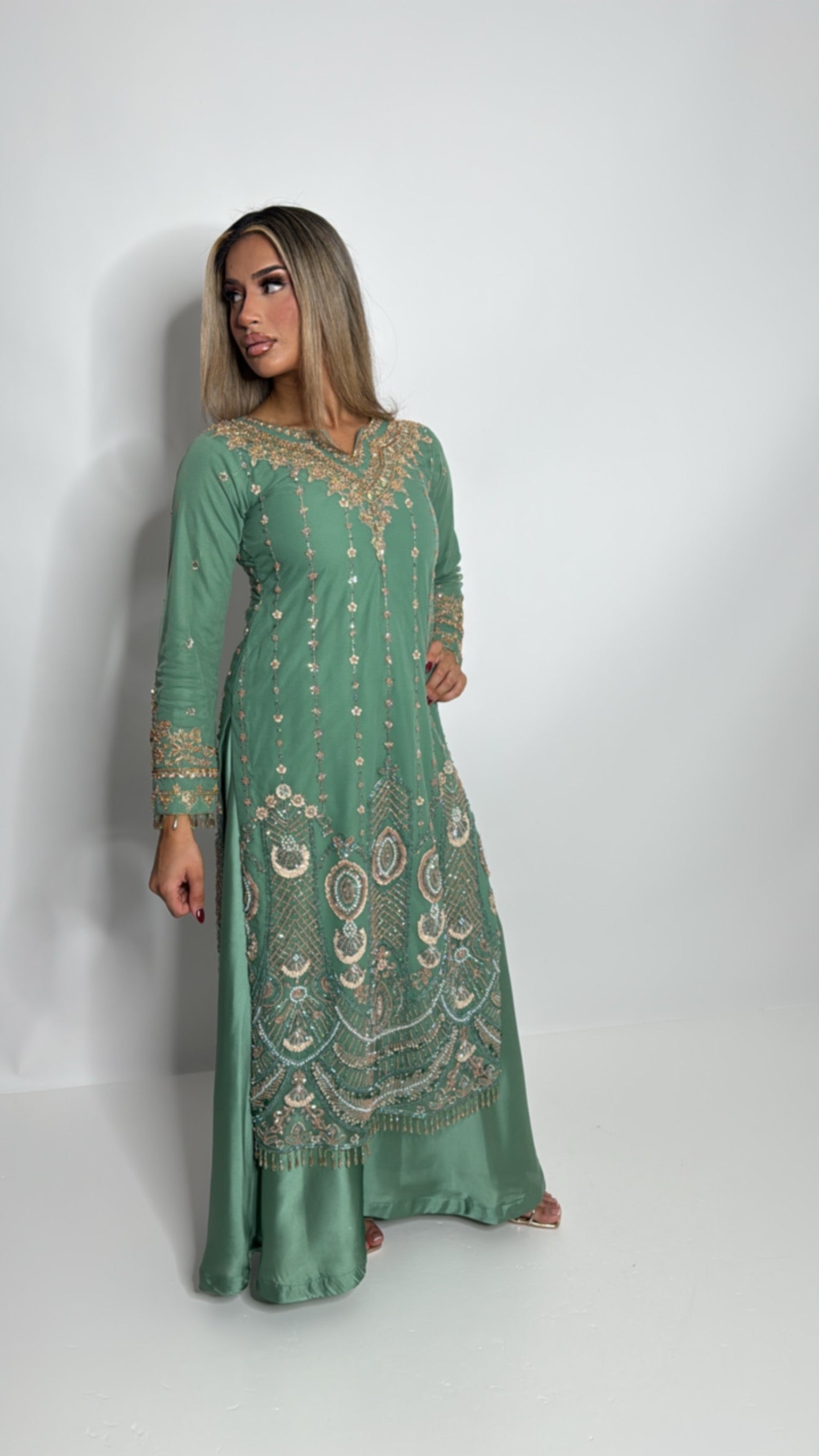 Kensington Sage Cutdana Handworked Pakistani Suit