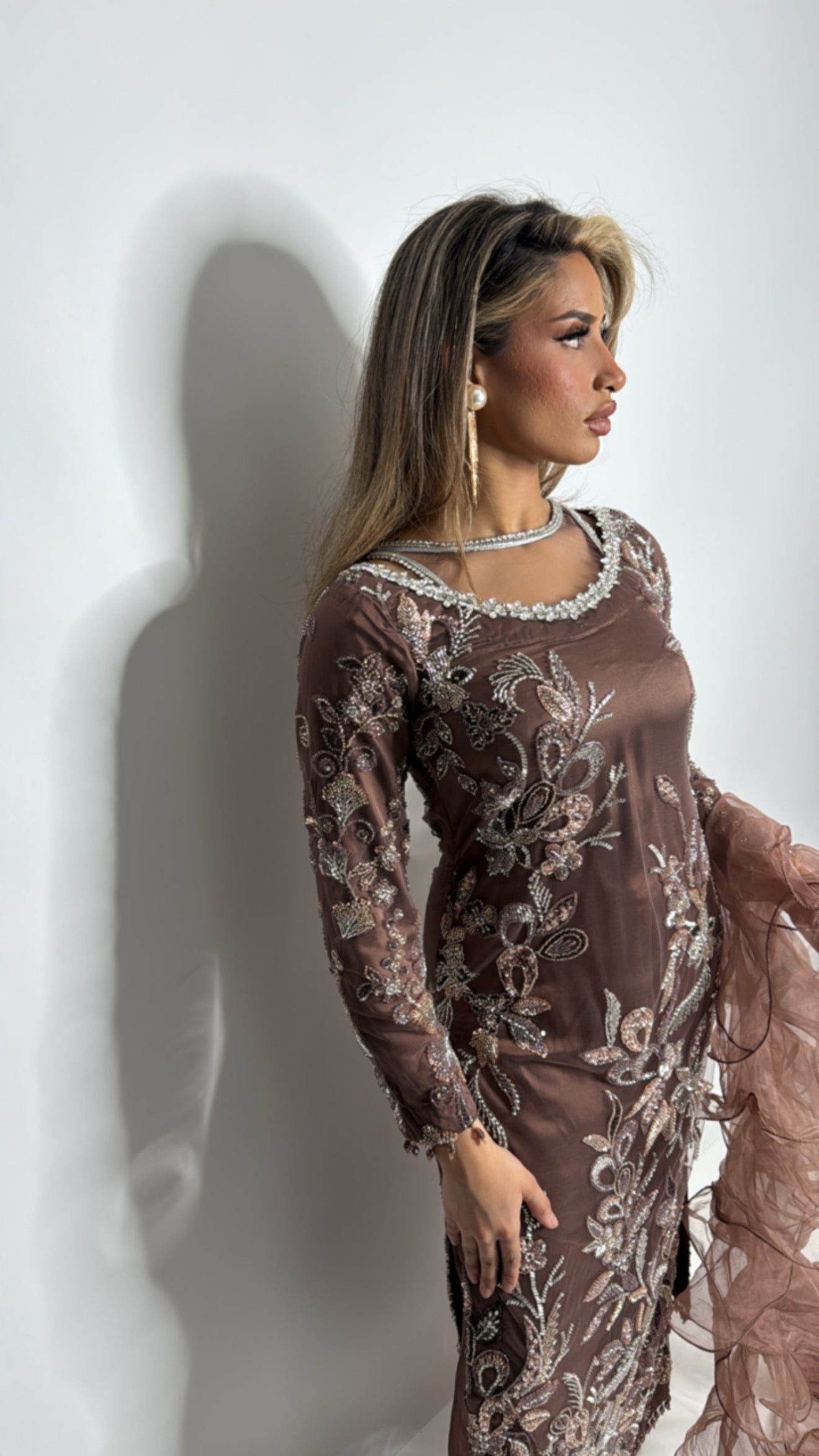 Luxury cutdana embroidery three-piece suit in cocoa shade