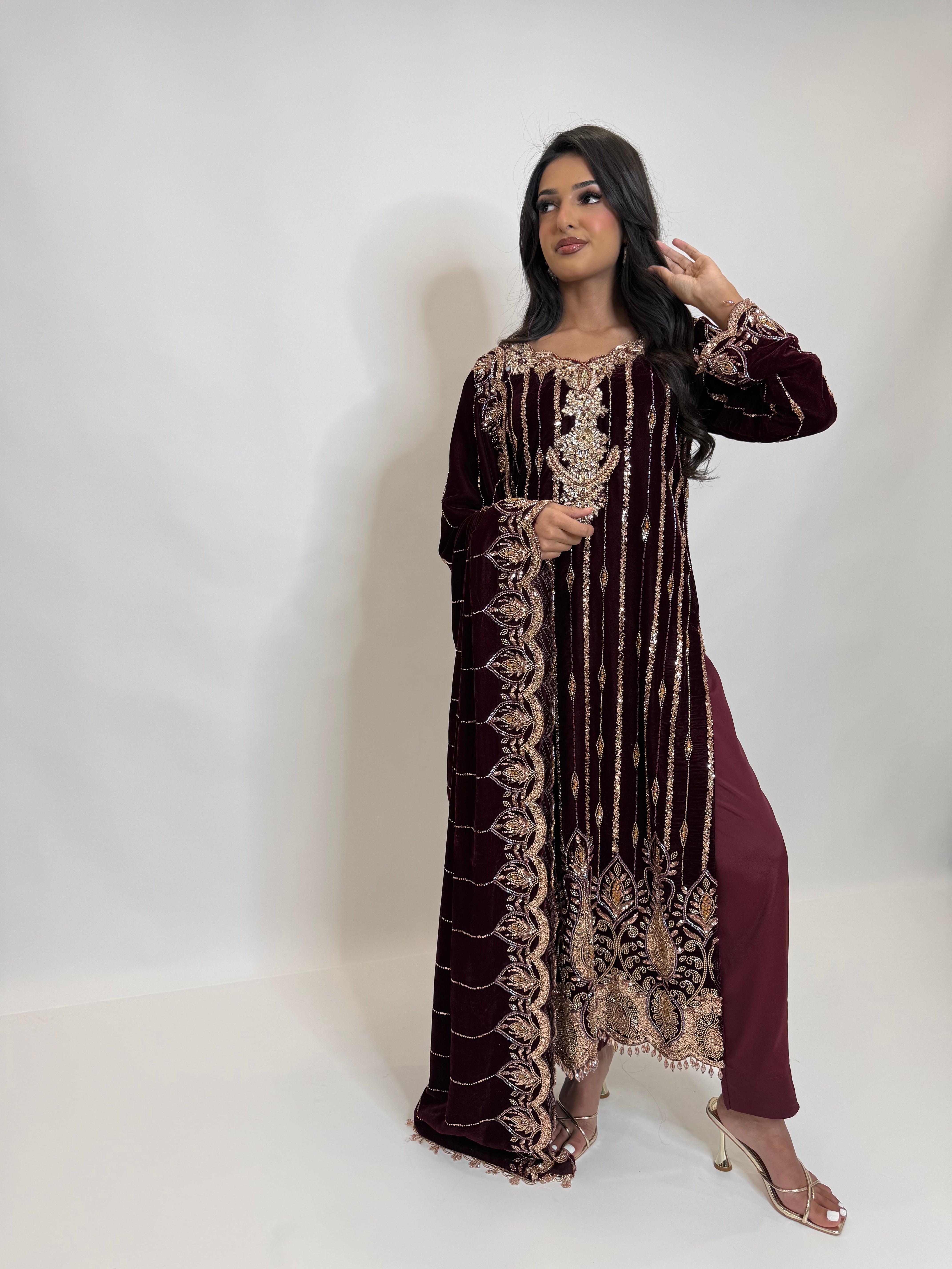 Elegant wine velvet formal dress with heavy cutdana embroidery
