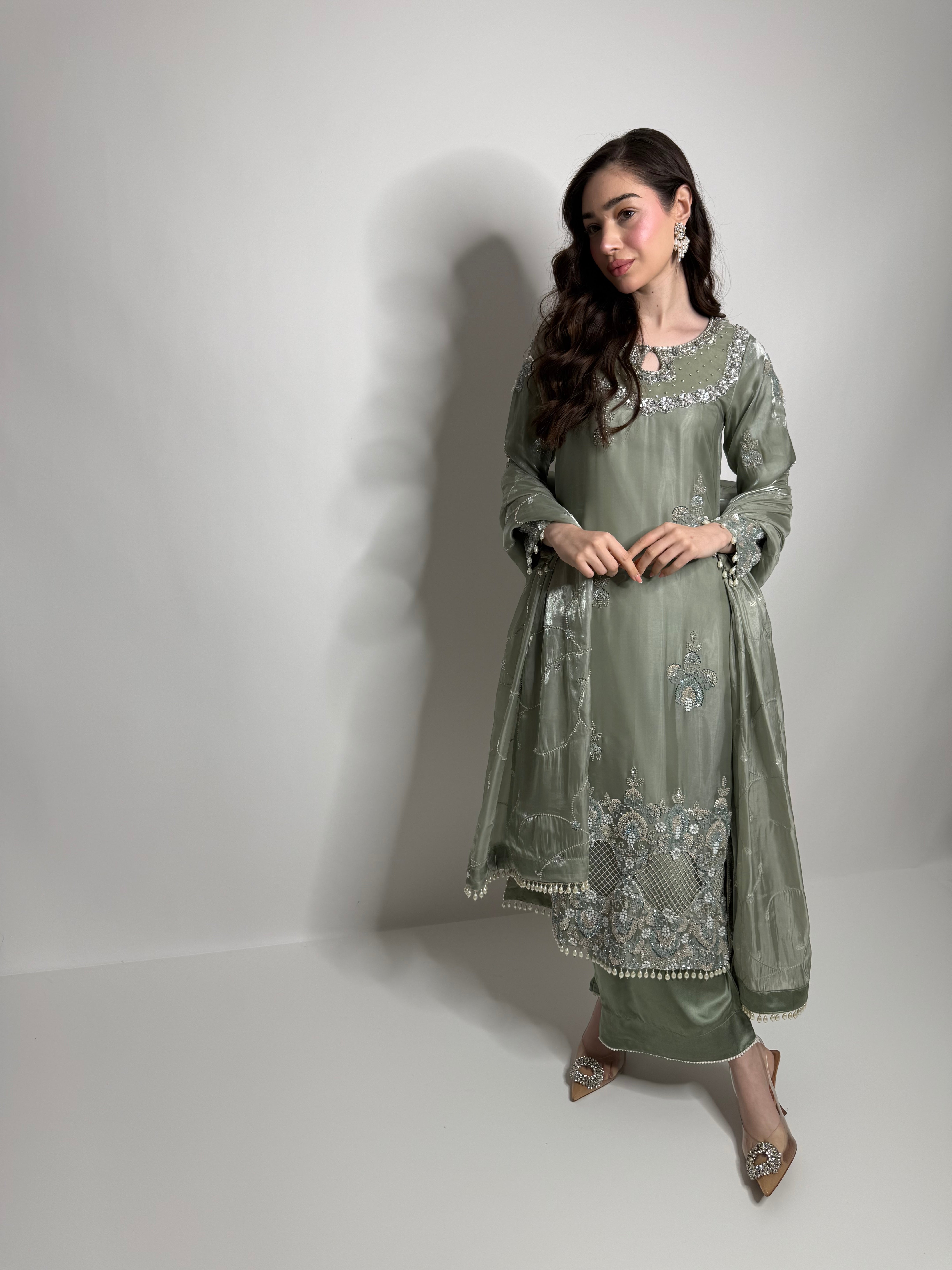 Elowen Sage Cutdana-Embroidered Three-Piece Eid formal wear