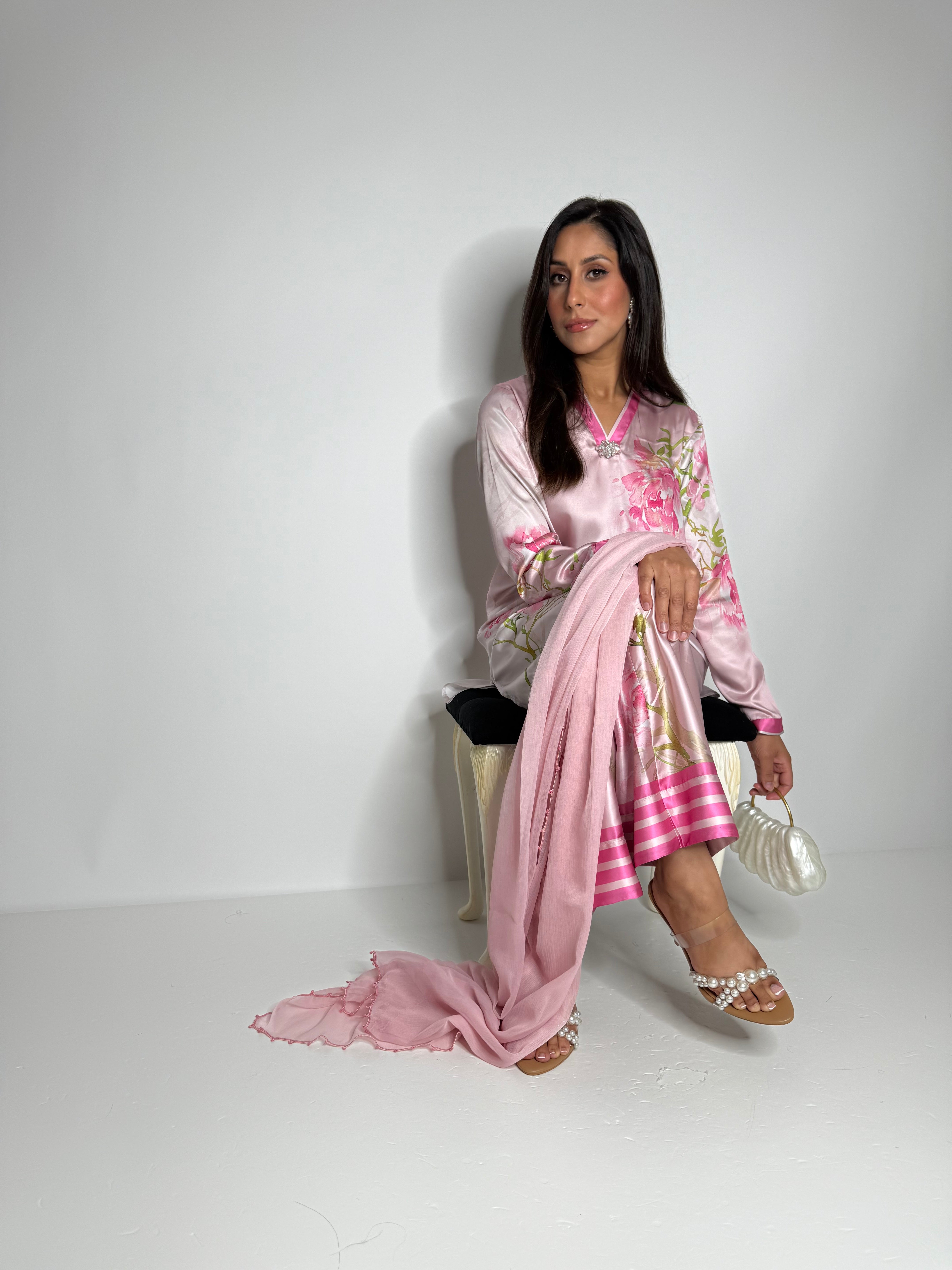 Pink Floral Silk Designer Three-Piece by Limelight with Chiffon Dupatta