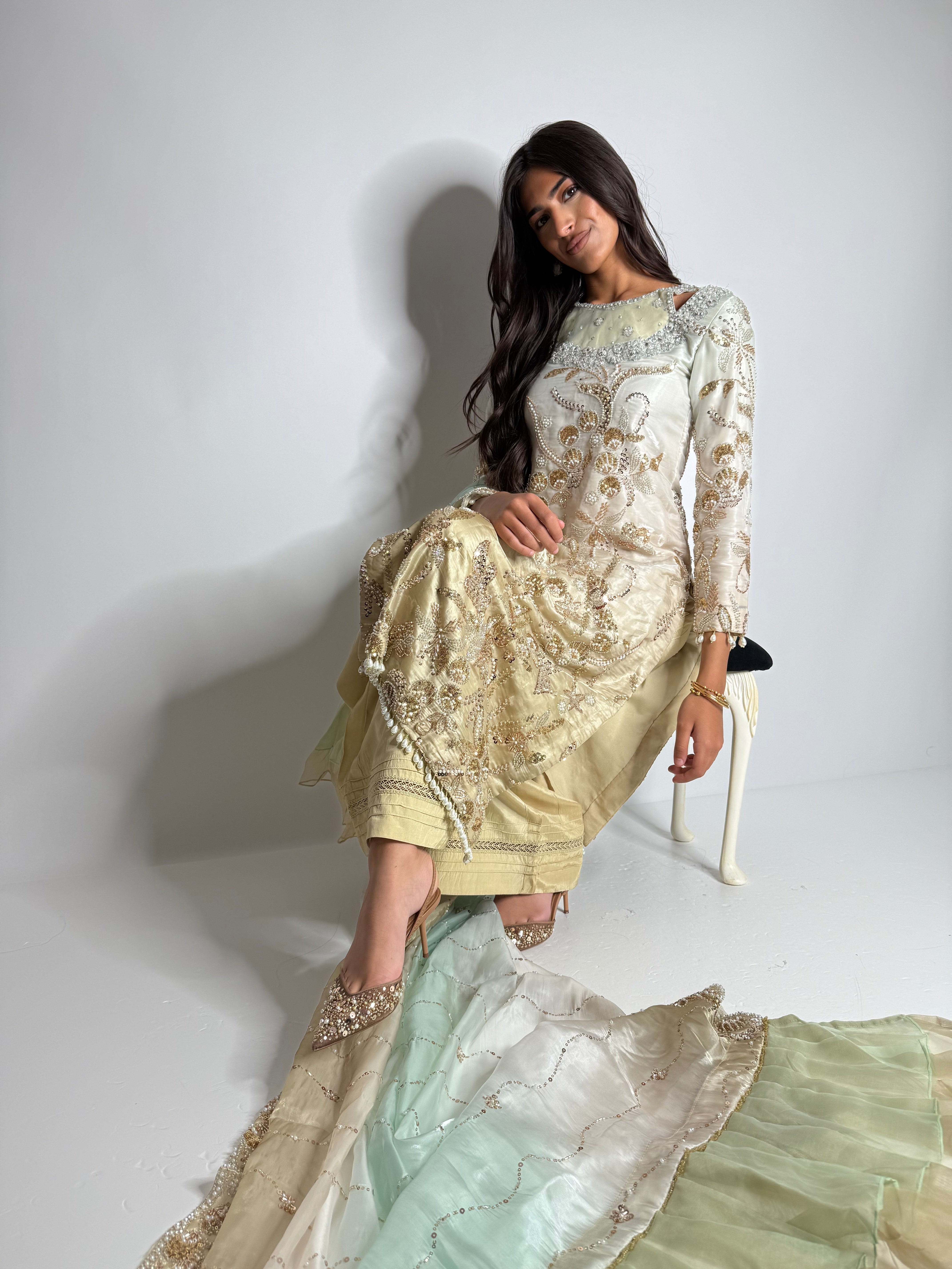 Ayleen Ivory Gold Silk Three-Piece with Embroidered Dupatta