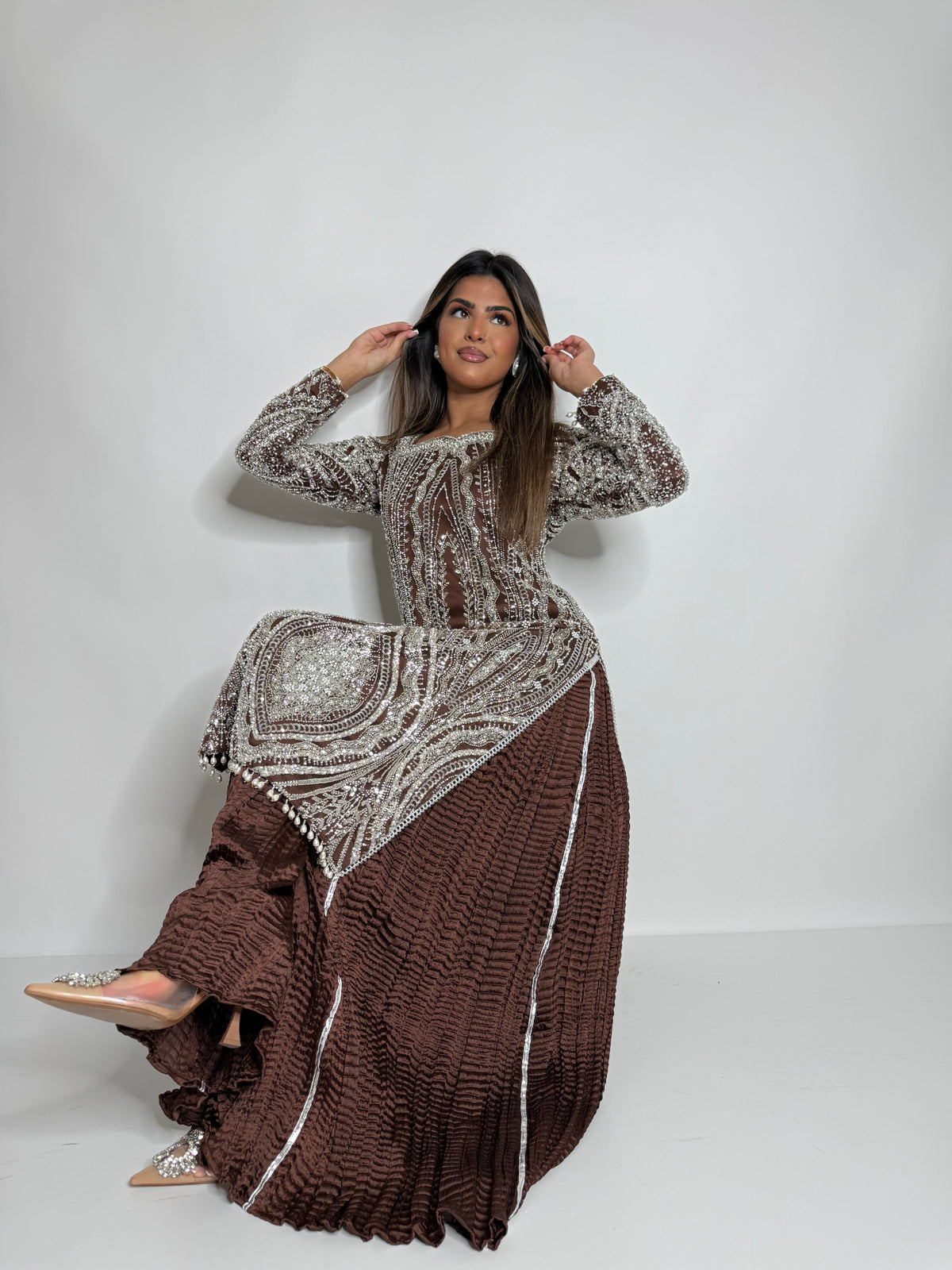 Arabella Mocha | Luxury Cutdana Embroidered Pakistani Suit with Sharara – 3 Piece