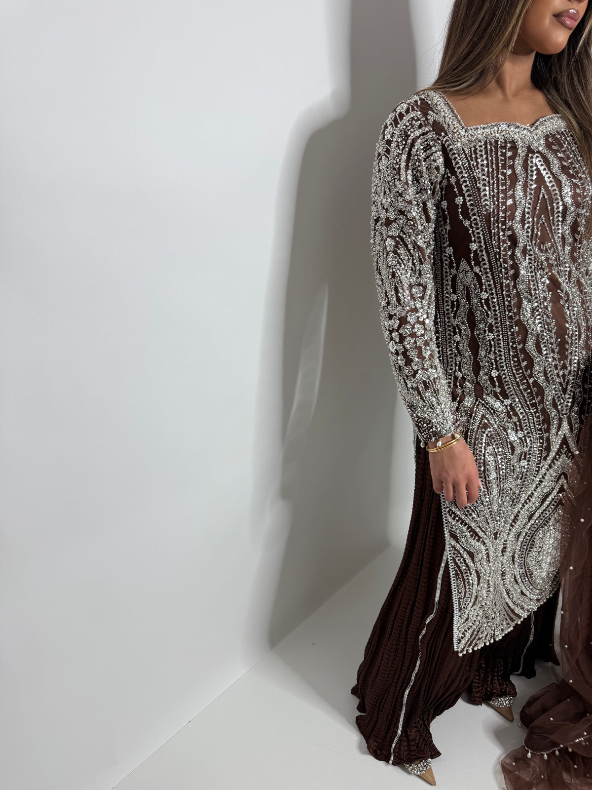Arabella Mocha | Luxury Cutdana Embroidered Pakistani Suit with Sharara – 3 Piece