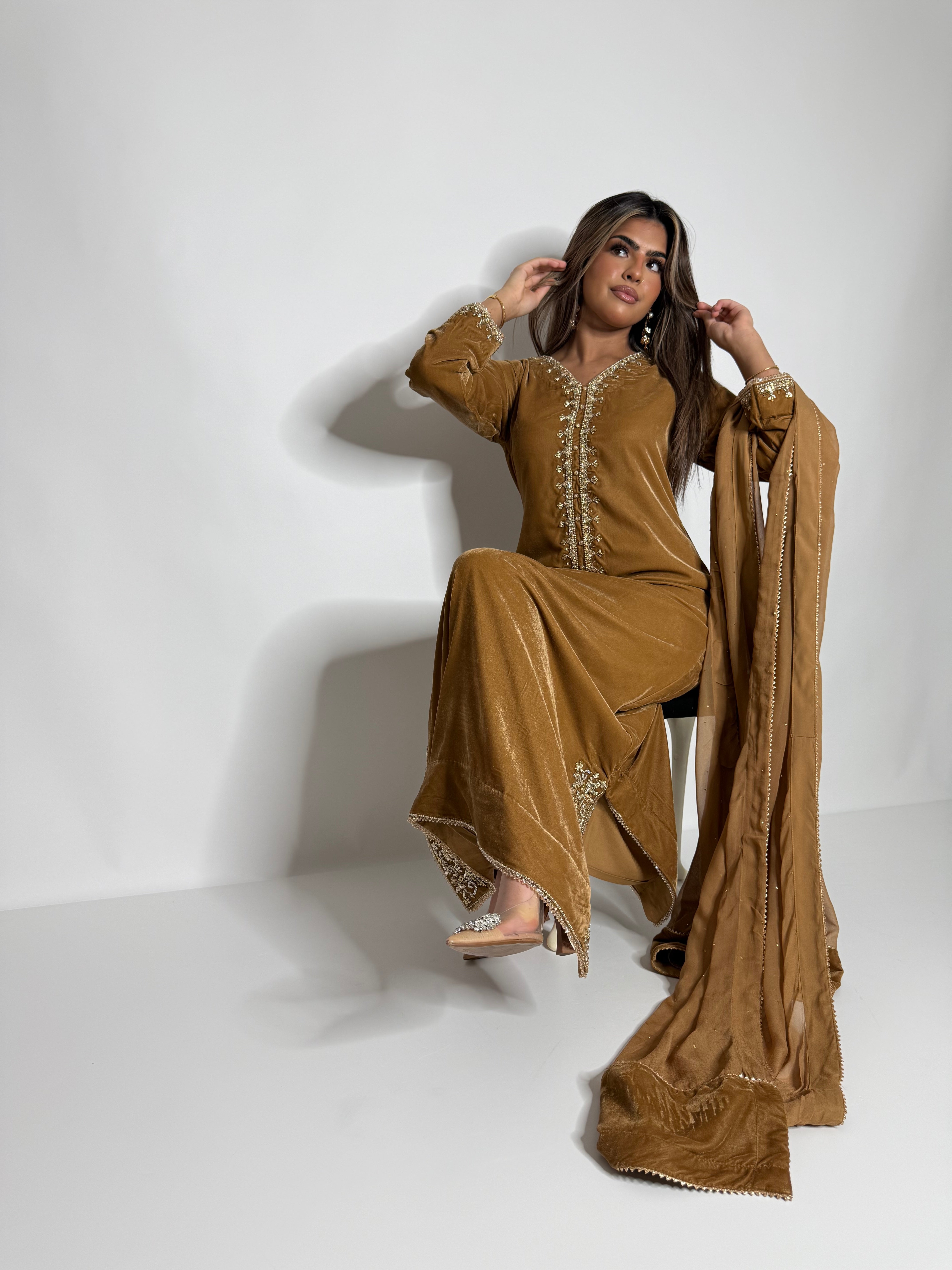 ZARQA MUSTARD VELVET KAFTAN THREE-PIECE – PAKISTANI EID & WEDDING FORMAL UK