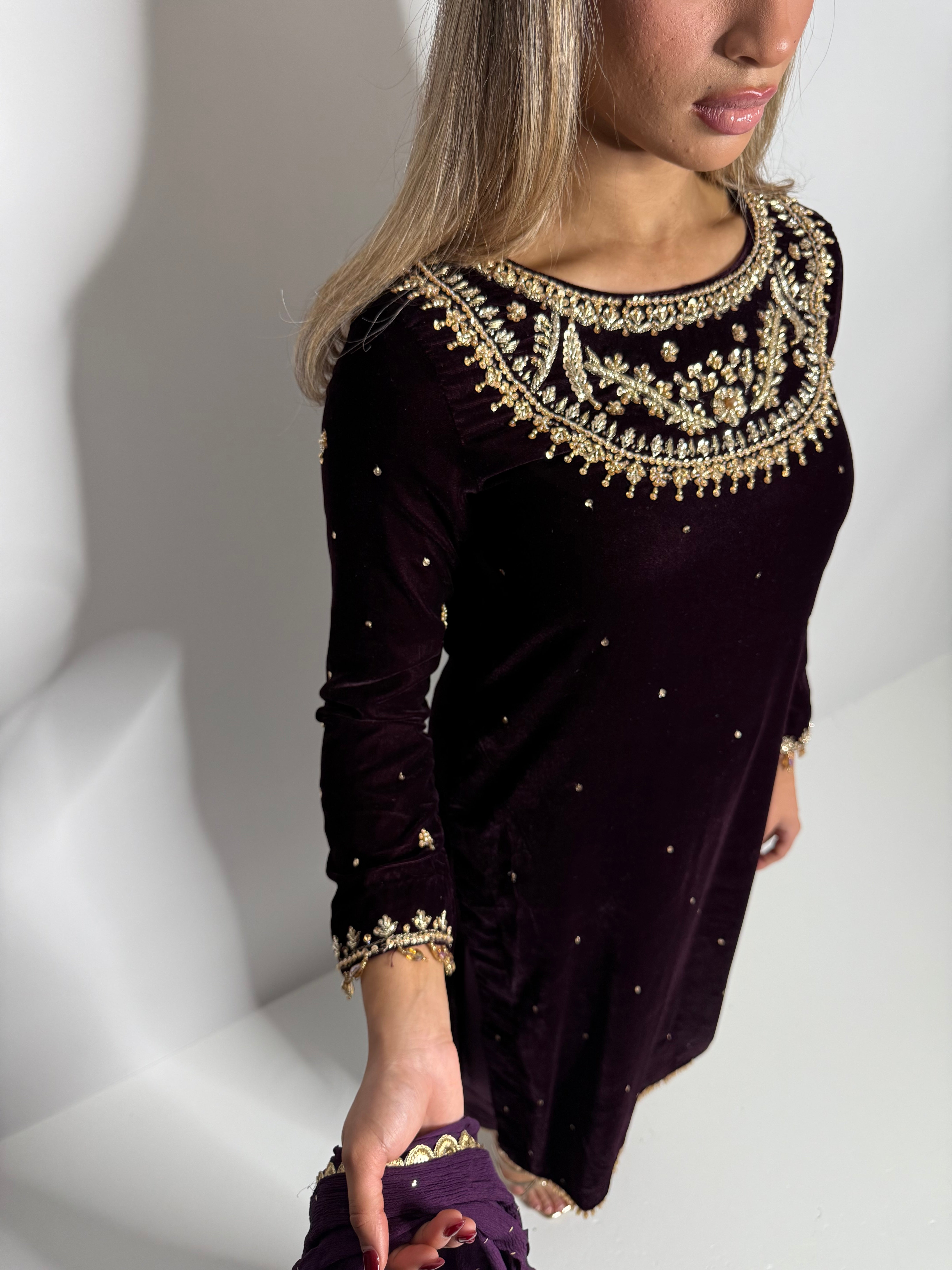 Orlena Plum Micro Velvet Pakistani Suit