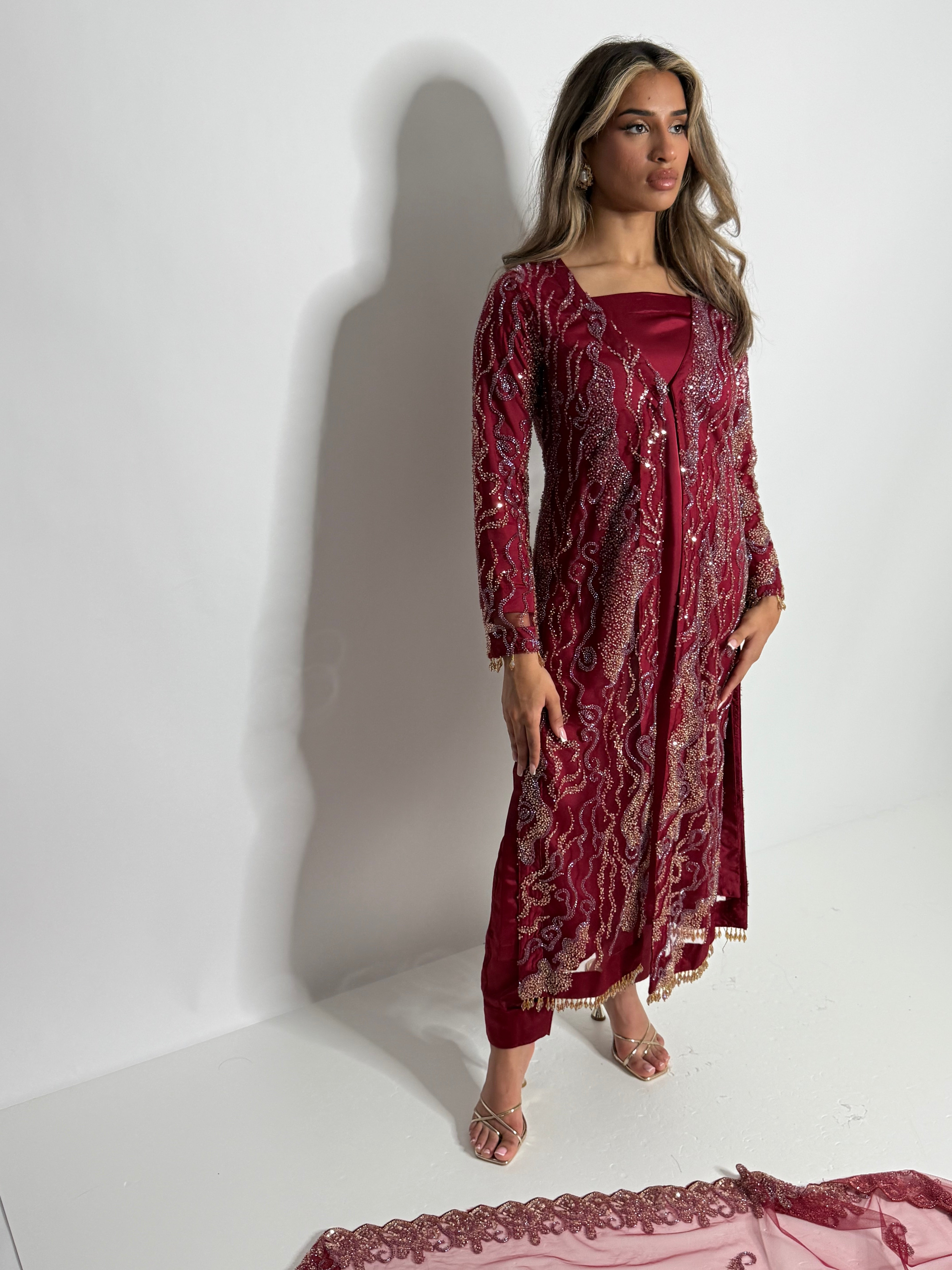 Luxury Pakistani outfit in maroon with sequins and cutdana work – Ameliyana UK