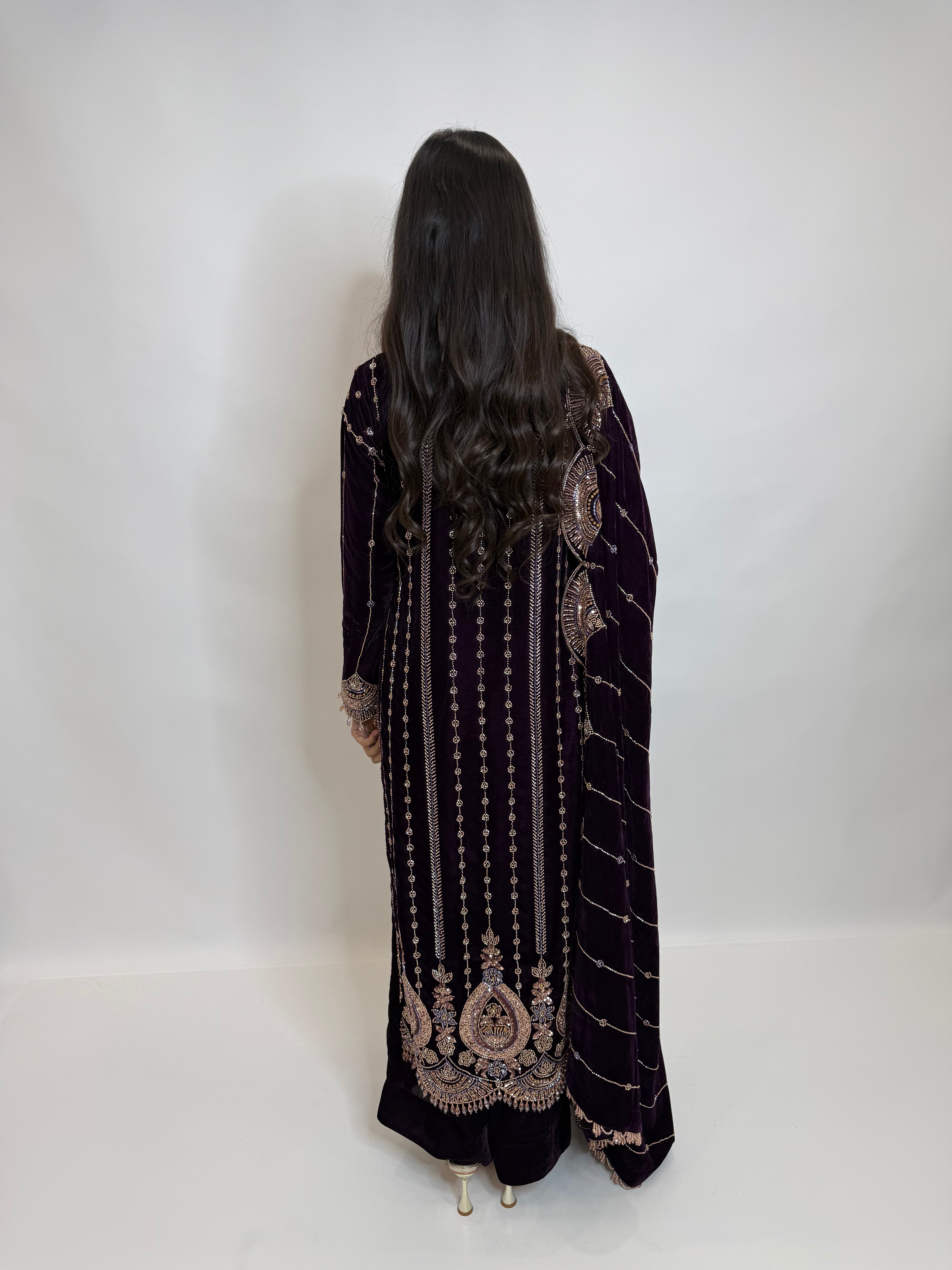 Zarielle Royale | Luxury Deep Violet Velvet Cutdana Embroidered Pakistani Suit (3 Piece)
