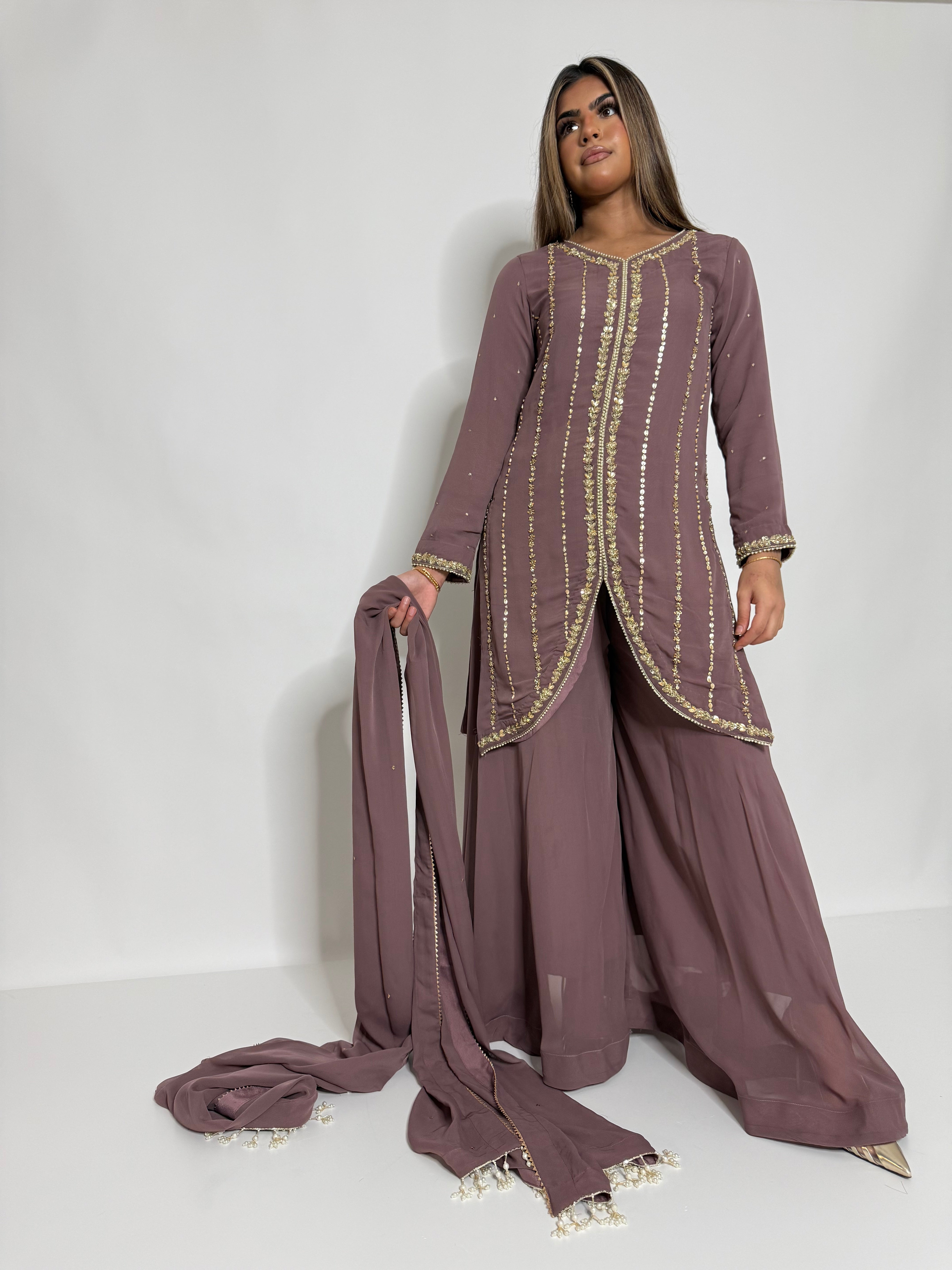RUMAISA TAUPE GOLD GEORGETTE SHARARA SUIT