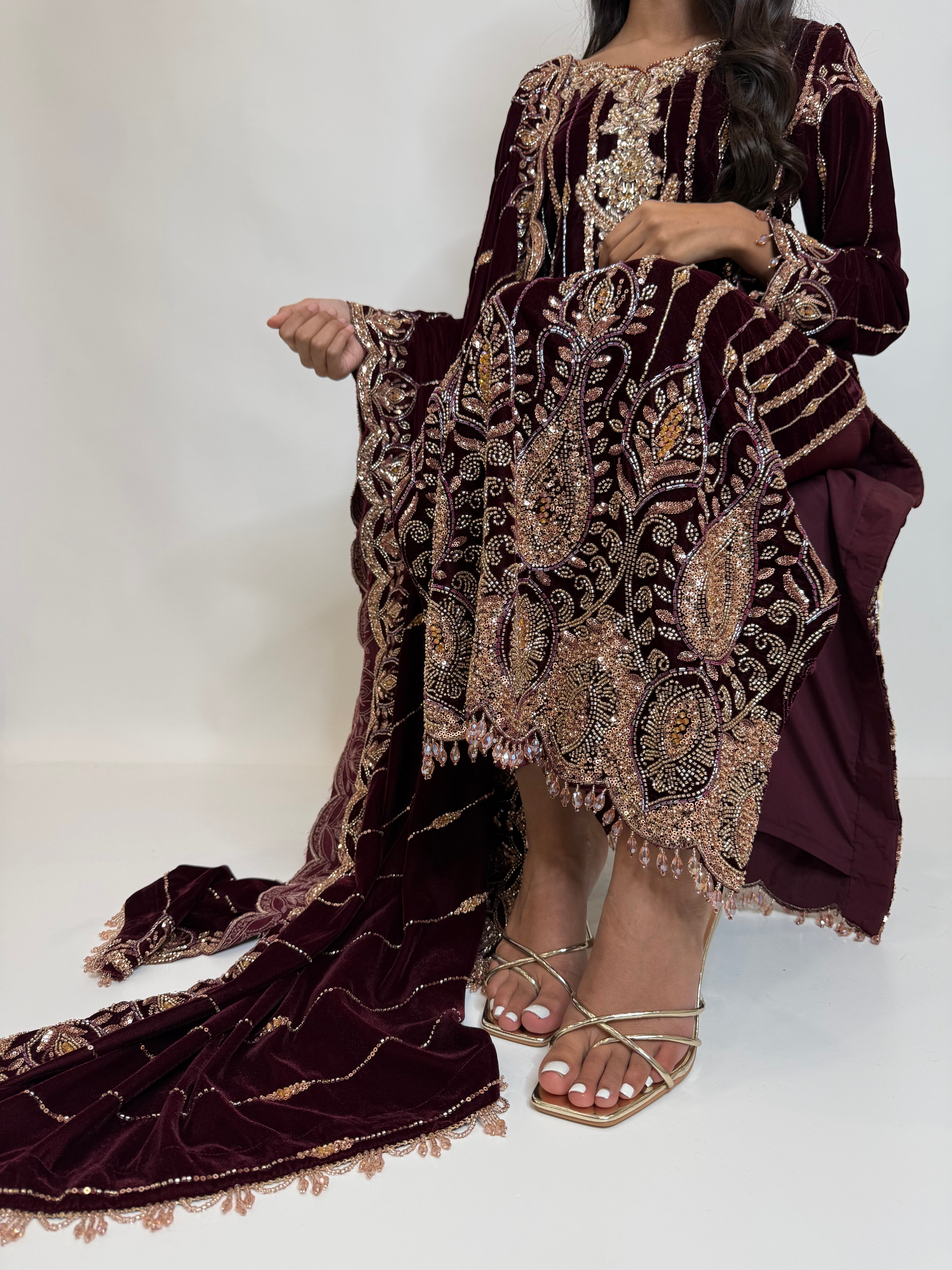 Luxury wine velvet Pakistani dress with embroidered velvet shawl