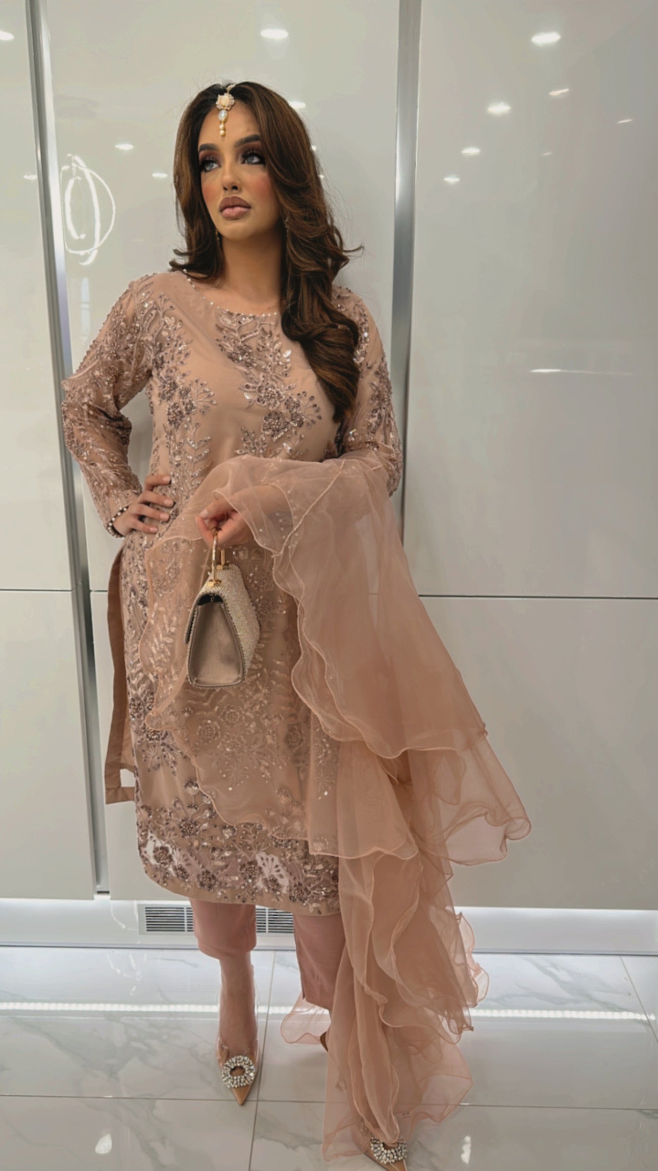 Kiara – Blush Sequin Three Piece Suit with Ruffle Dupatta