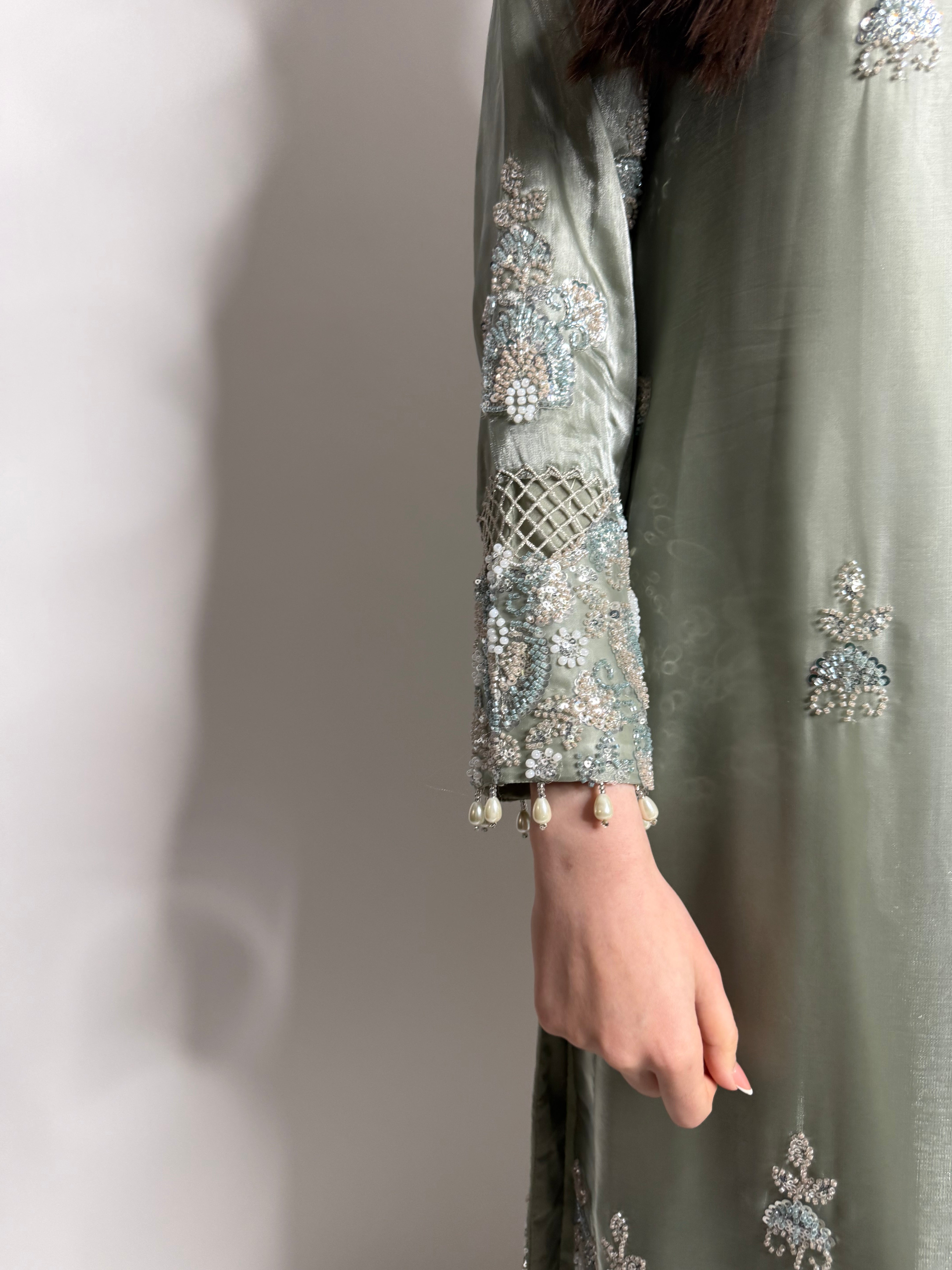 Elowen Sage Cutdana-Embroidered Three-Piece Eid formal wear