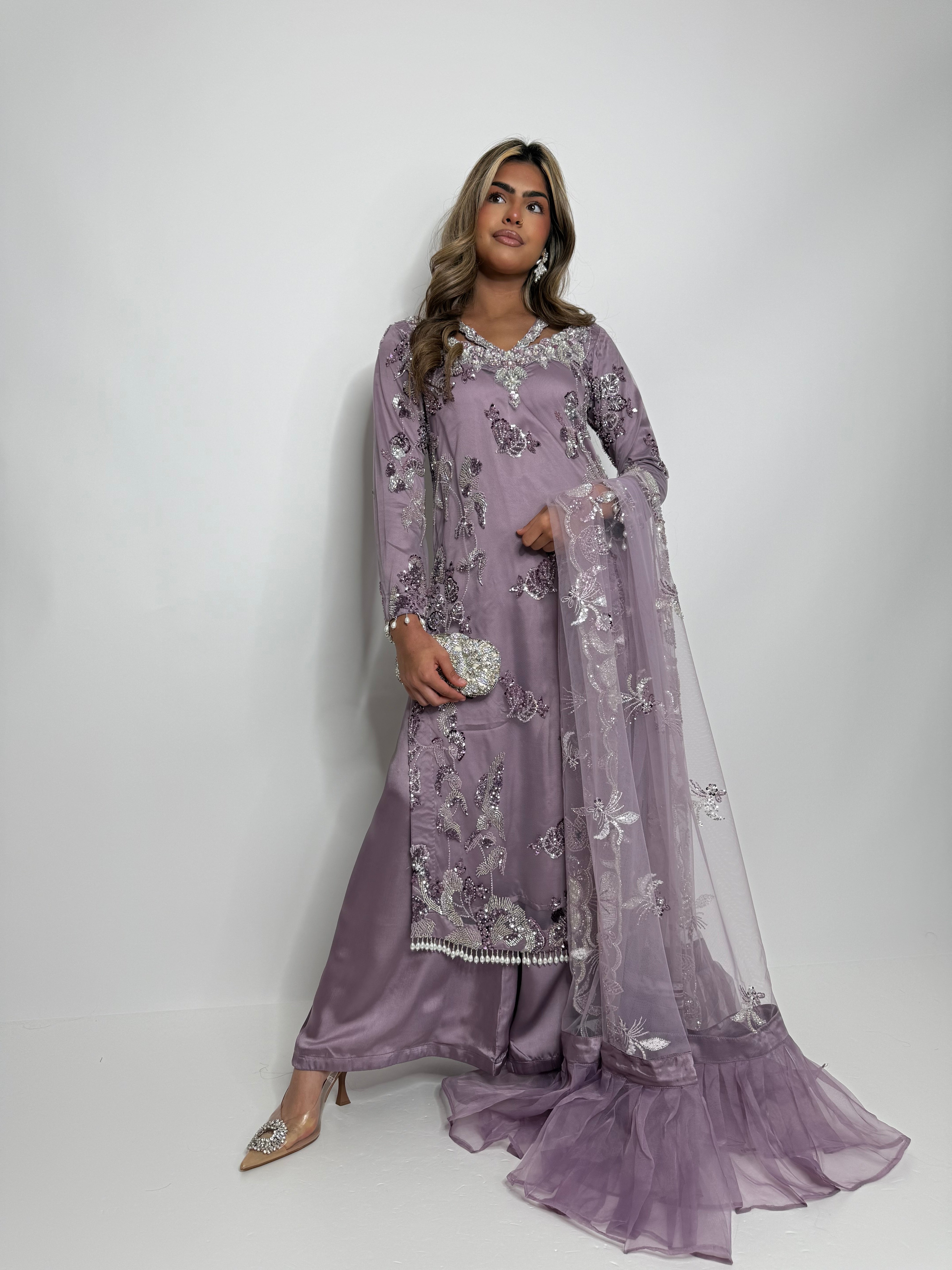 Elegant mauve formal Pakistani suit with handwork neckline and frill dupatta