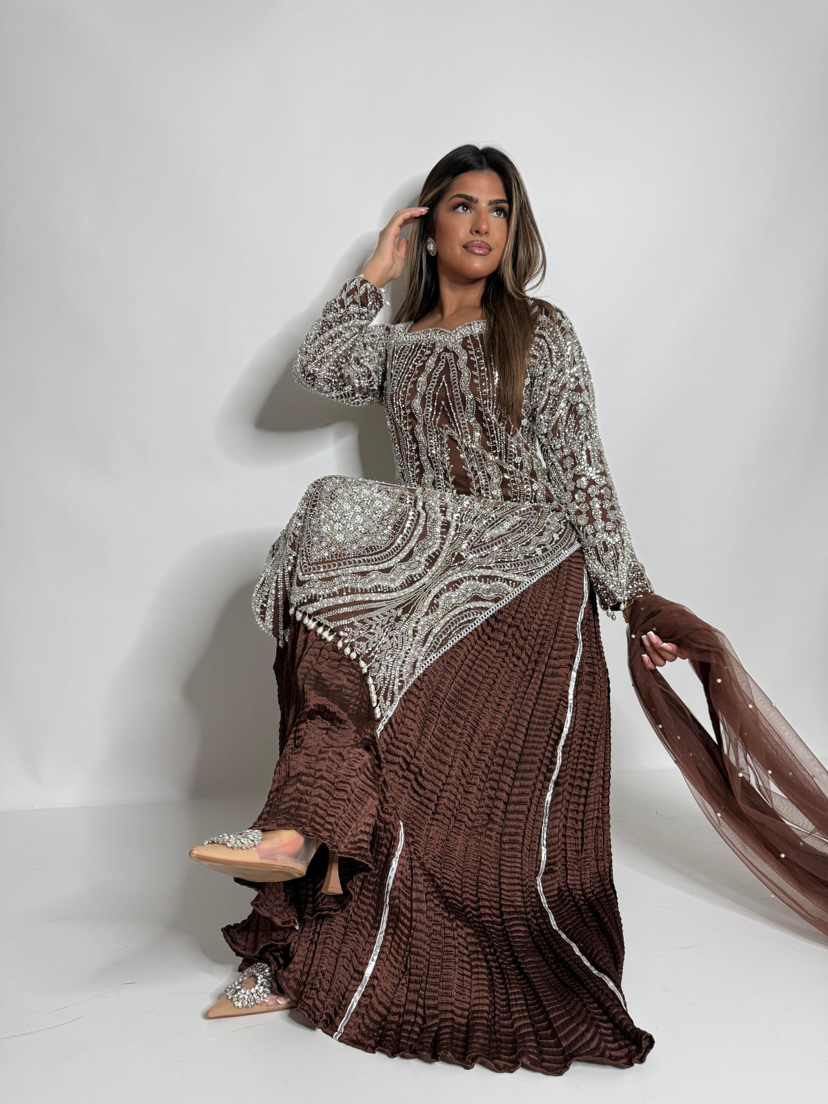 Arabella Mocha | Luxury Cutdana Embroidered Pakistani Suit with Sharara – 3 Piece