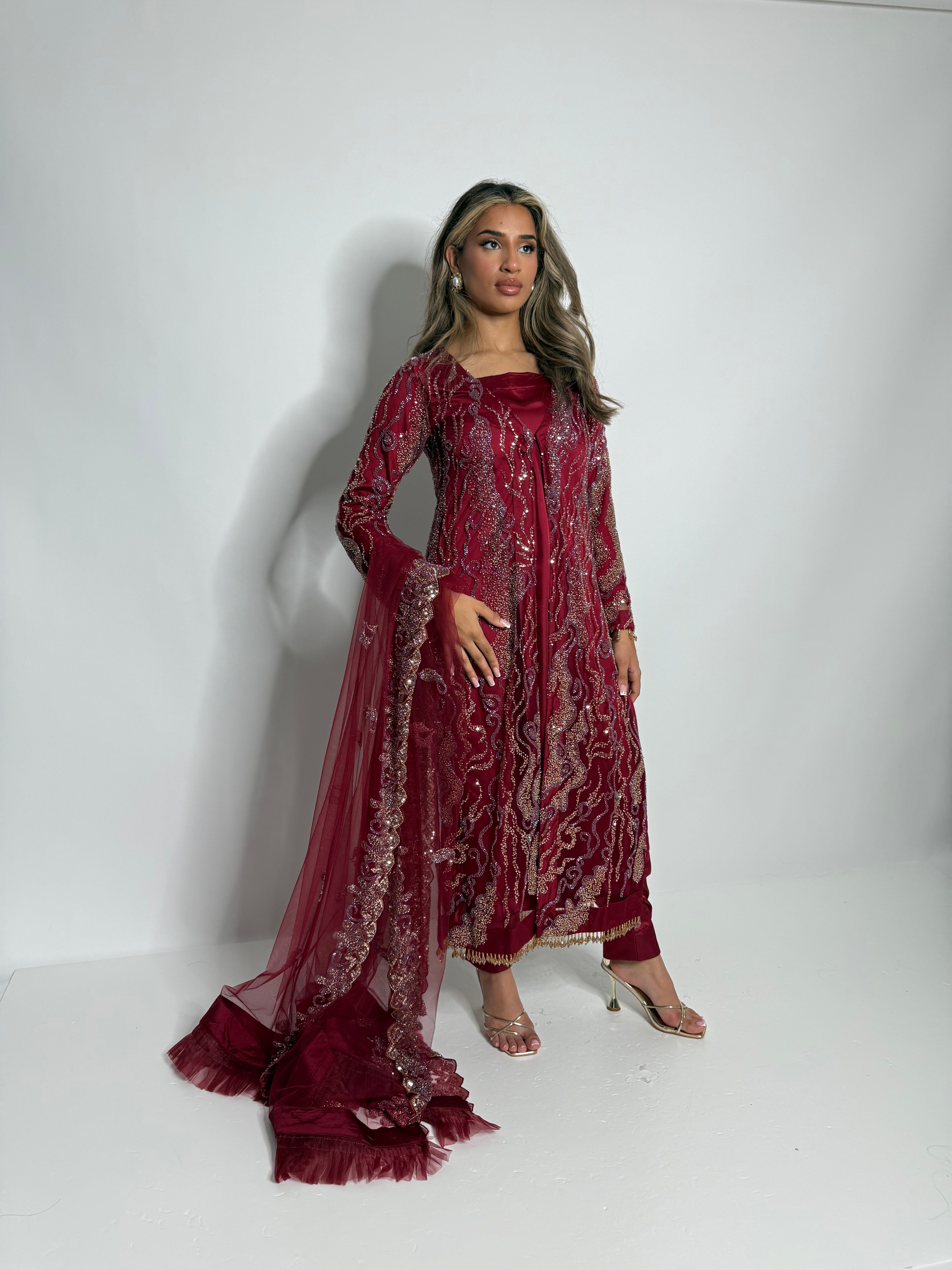 Pakistani maroon embroidered suit with net dupatta – Crimson Majesty Ameliyana Boutique