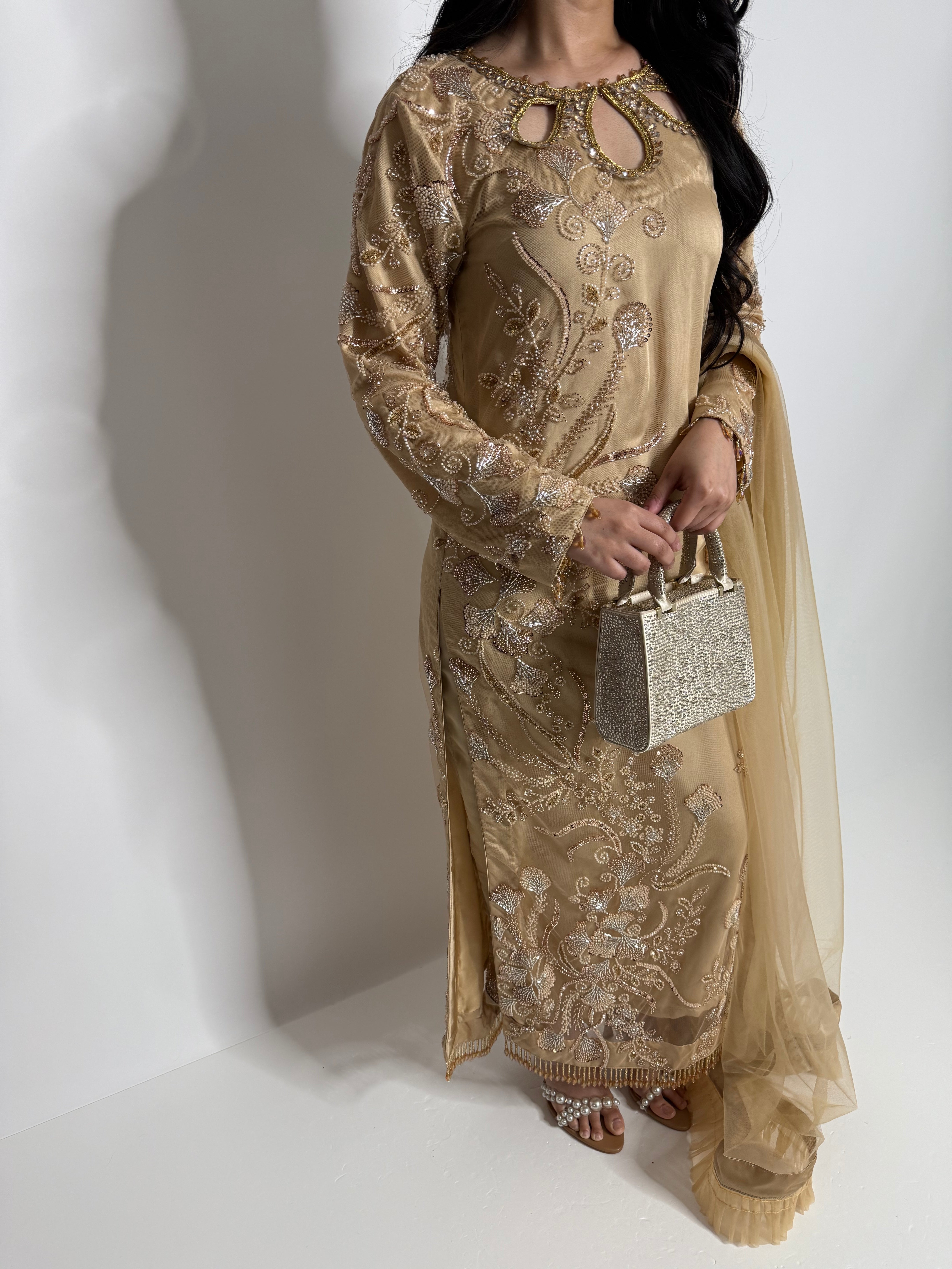 Person wearing an ornate gold Pakistani dress holding a large silver clutch on a white background