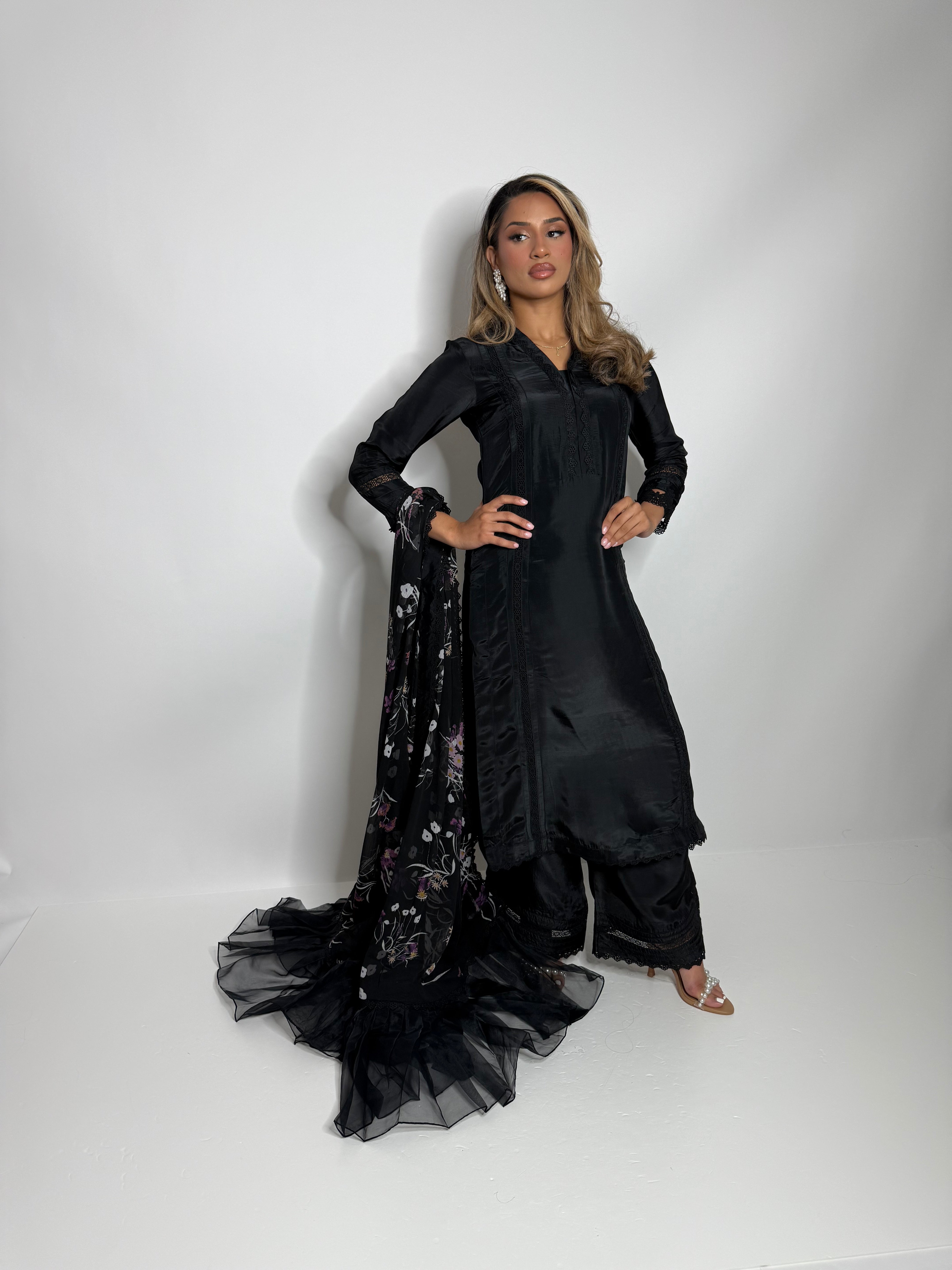 Elegant Eid party outfit in black silk three-piece