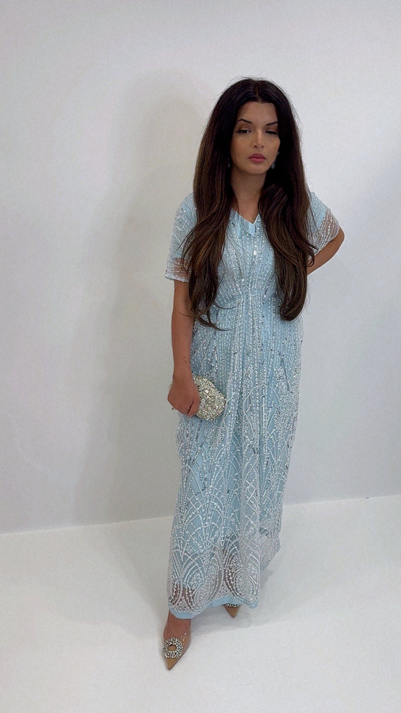 Powder blue pearl embroidered kaftan three-piece set with inner slip and trousers – luxury Pakistani wedding guest outfit