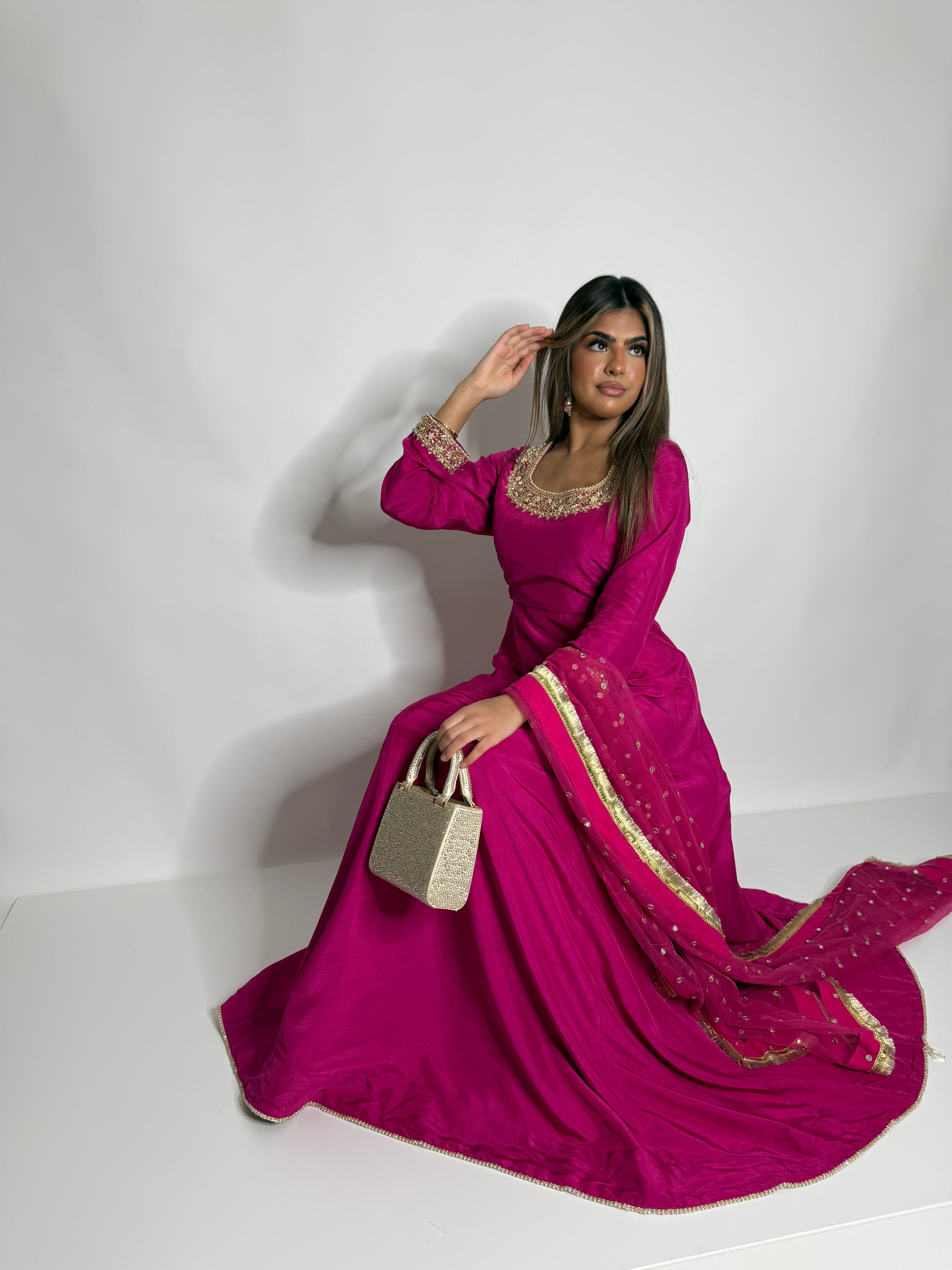 ZOHRA FUCHSIA RAW SILK GOLD EMBROIDERED PAKISTANI EID & MEHNDI DRESS