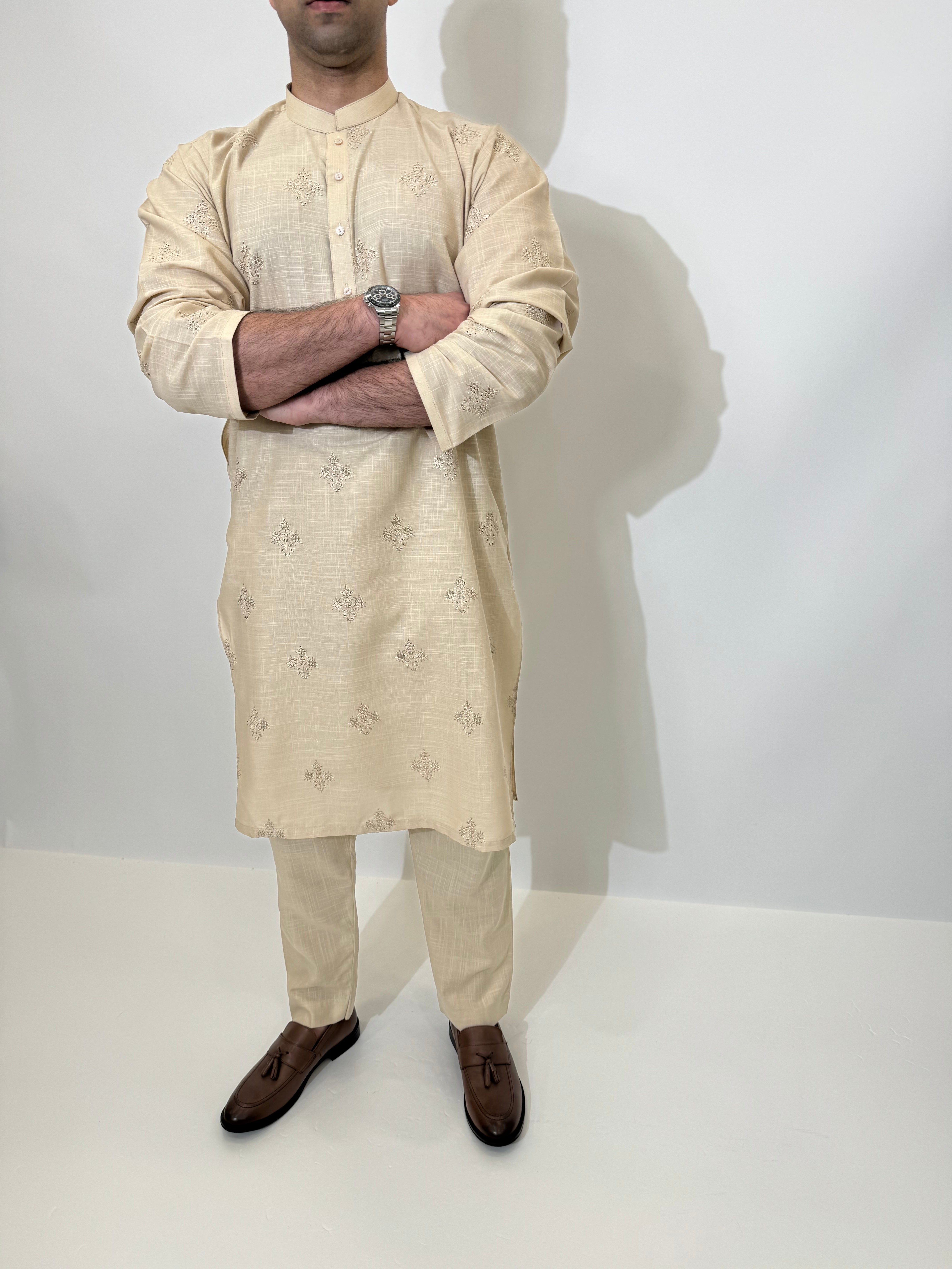Ayaan – Beige Embroidered Kurta Trouser Set for Men