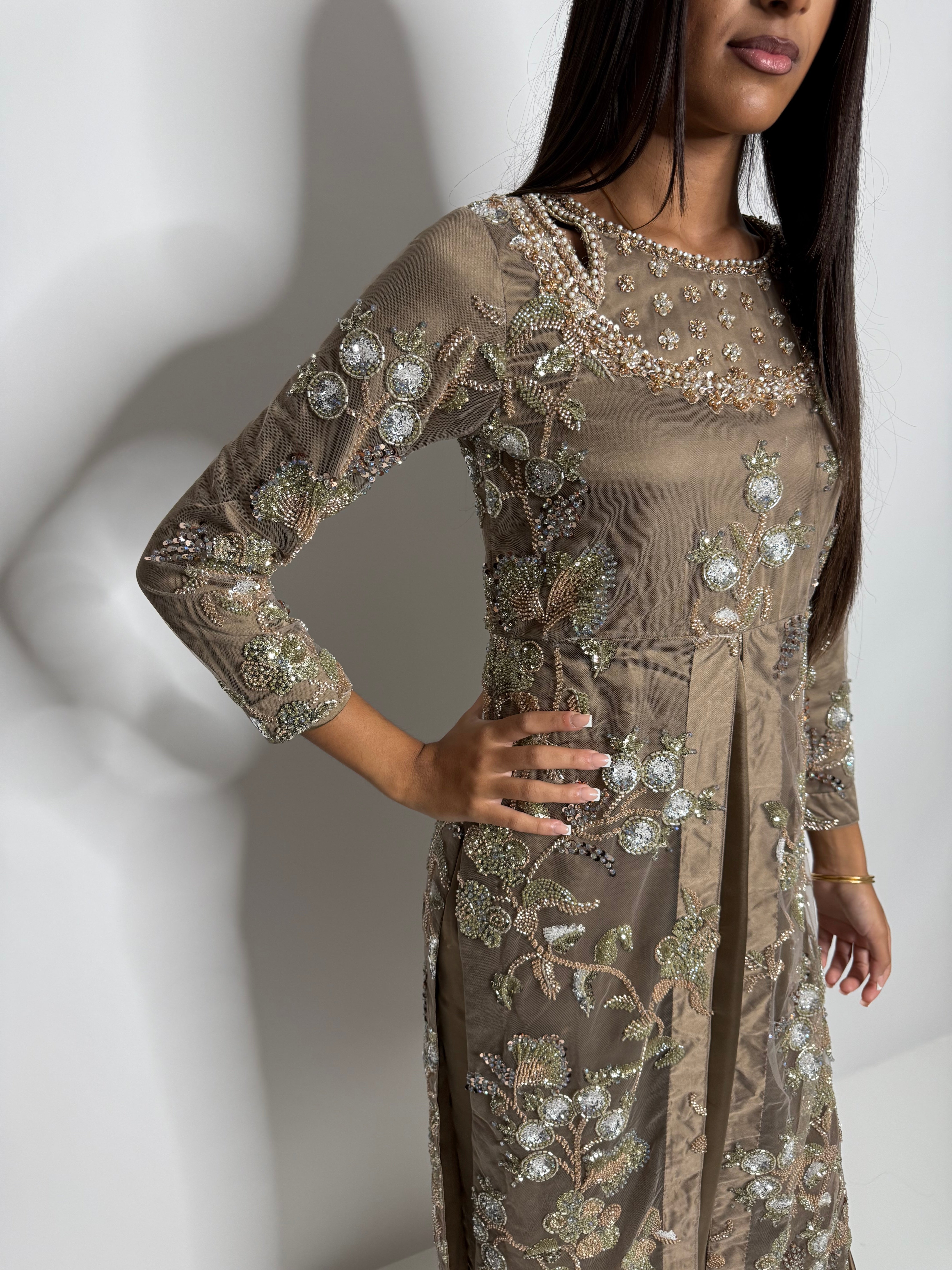 Noorah – Embellished Taupe Three-Piece Set