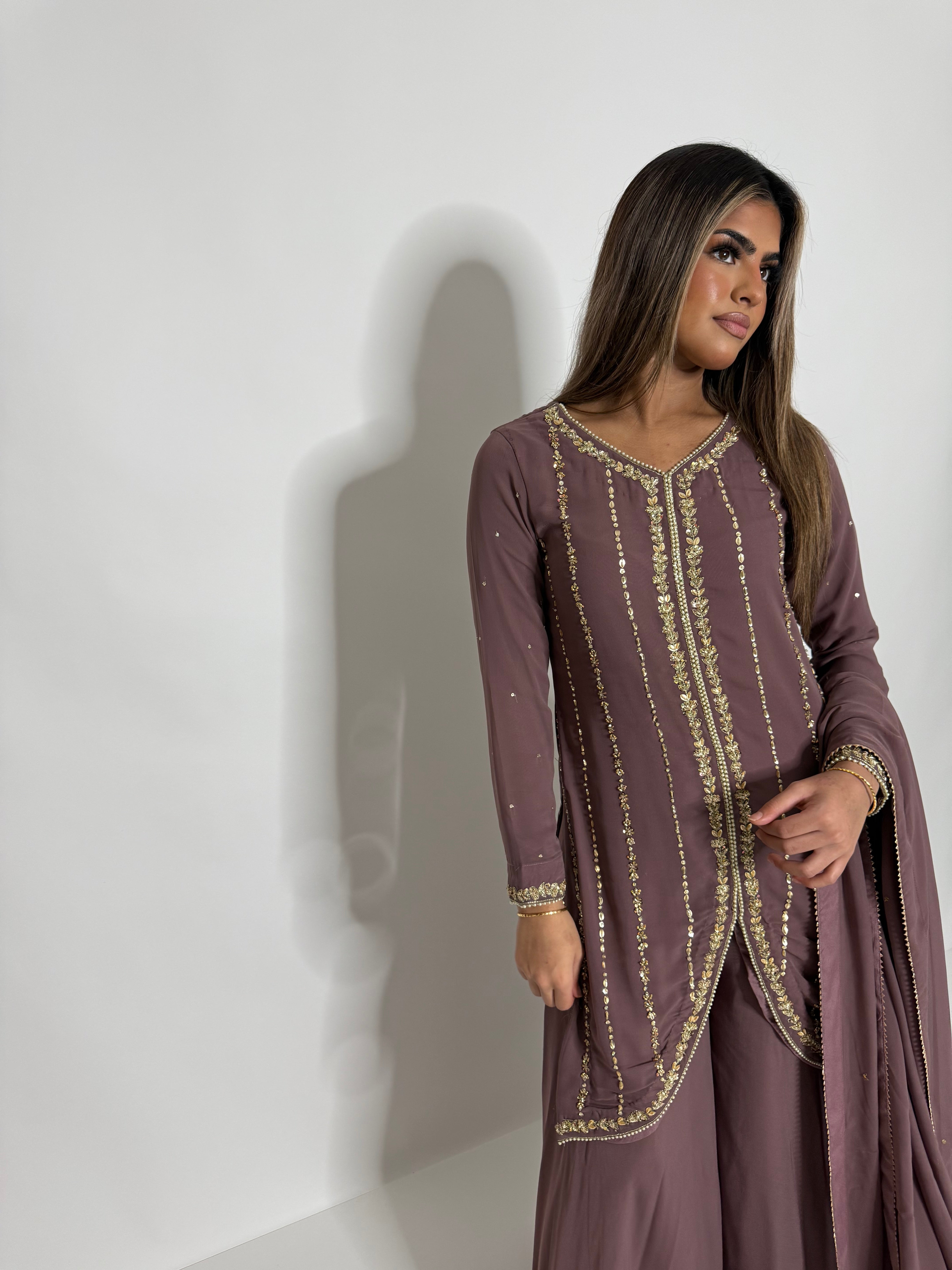 Georgette three piece Pakistani Eid dress with gold embroidery